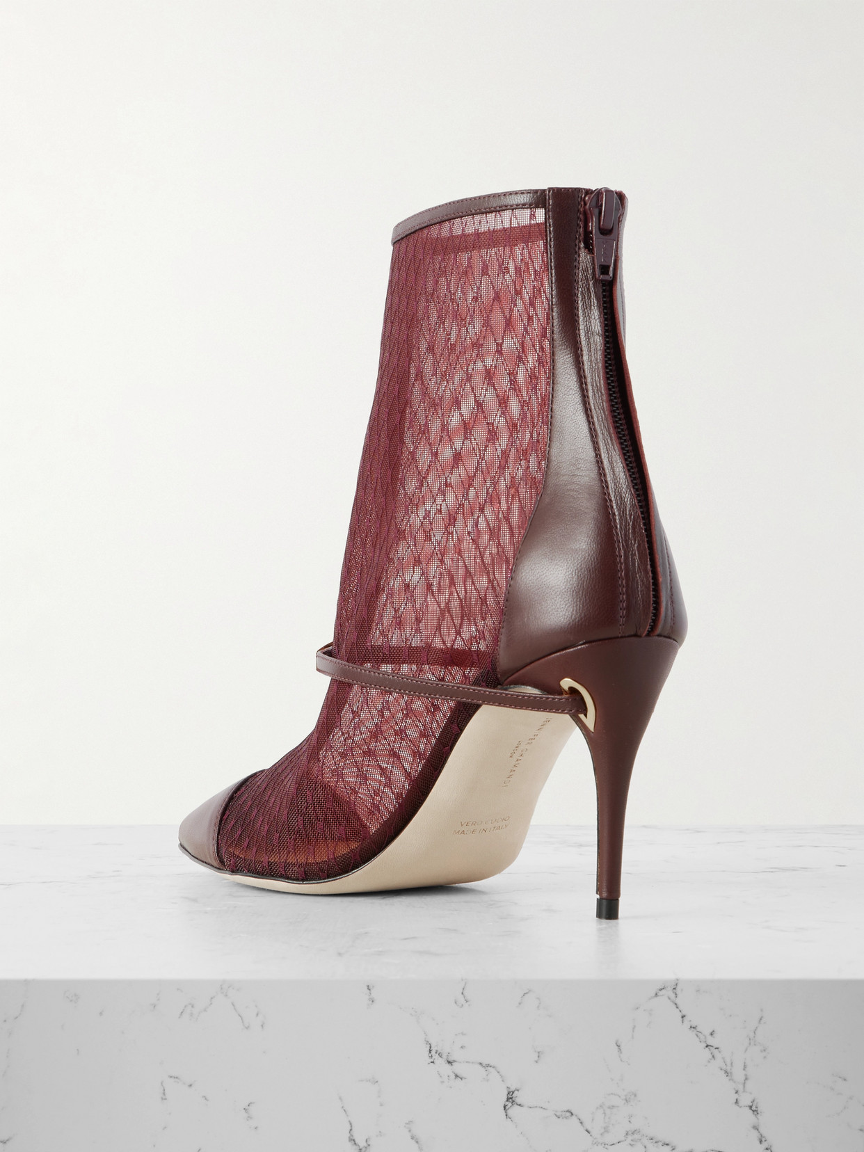 Jennifer Chamandi Rocco 85 Buckled Leather-trimmed Mesh Ankle Boots In Burgundy
