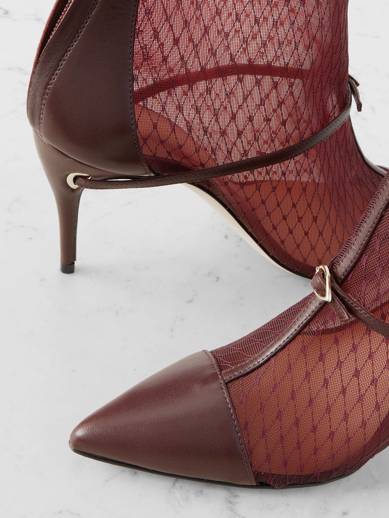 Jennifer Chamandi Rocco 85 Buckled Leather-trimmed Mesh Ankle Boots In Burgundy