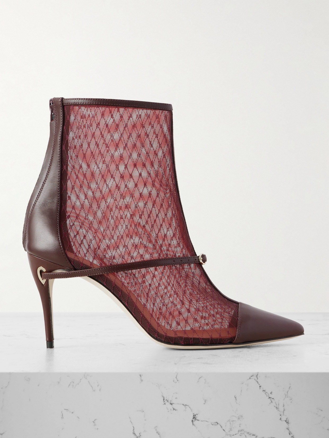 Jennifer Chamandi Rocco 85 Buckled Leather-trimmed Mesh Ankle Boots In Burgundy