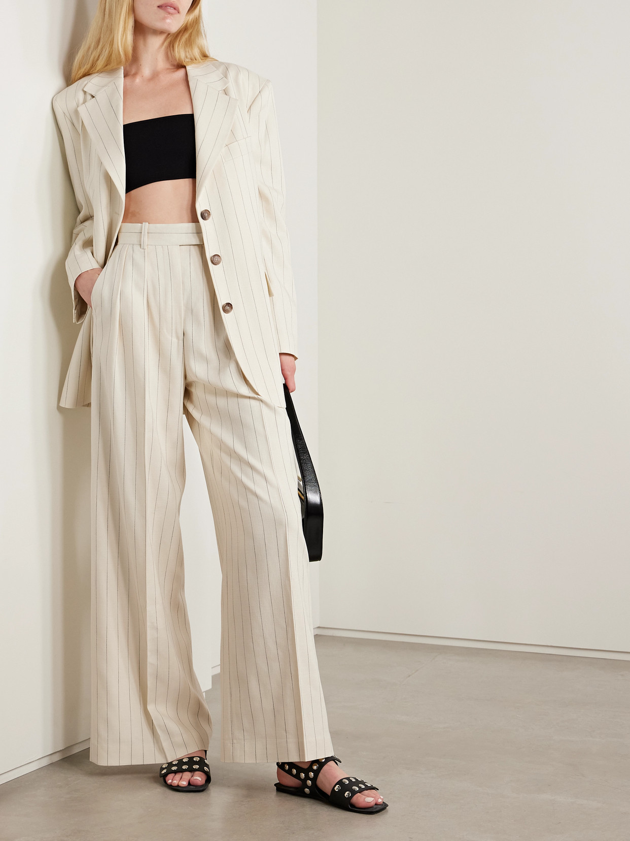 Anine Bing Lou Pleated Pinstriped Woven Wide-leg Pants In White