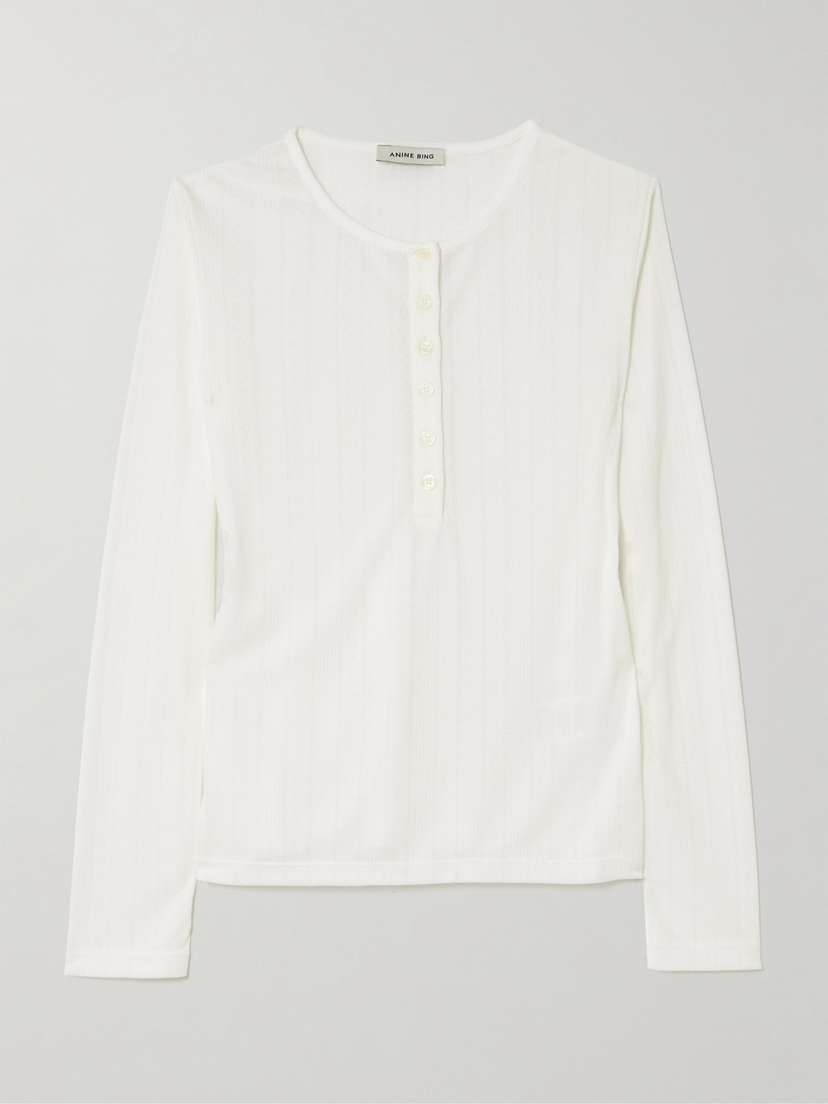 Anine Bing Pia Pointelle-knit Henley Top