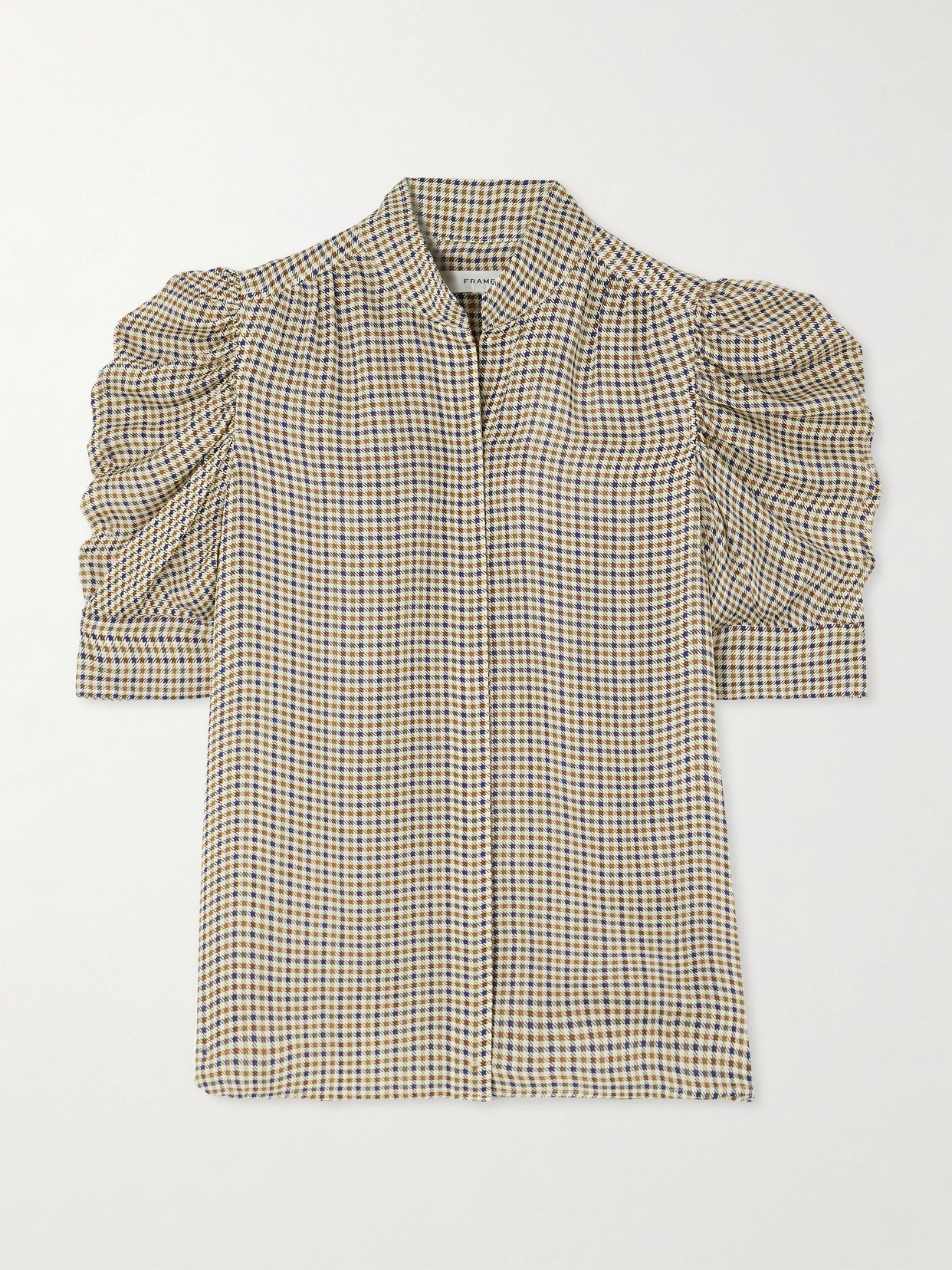 Frame The Gillian Ruched Houndstooth Silk-crepe Blouse In Brown