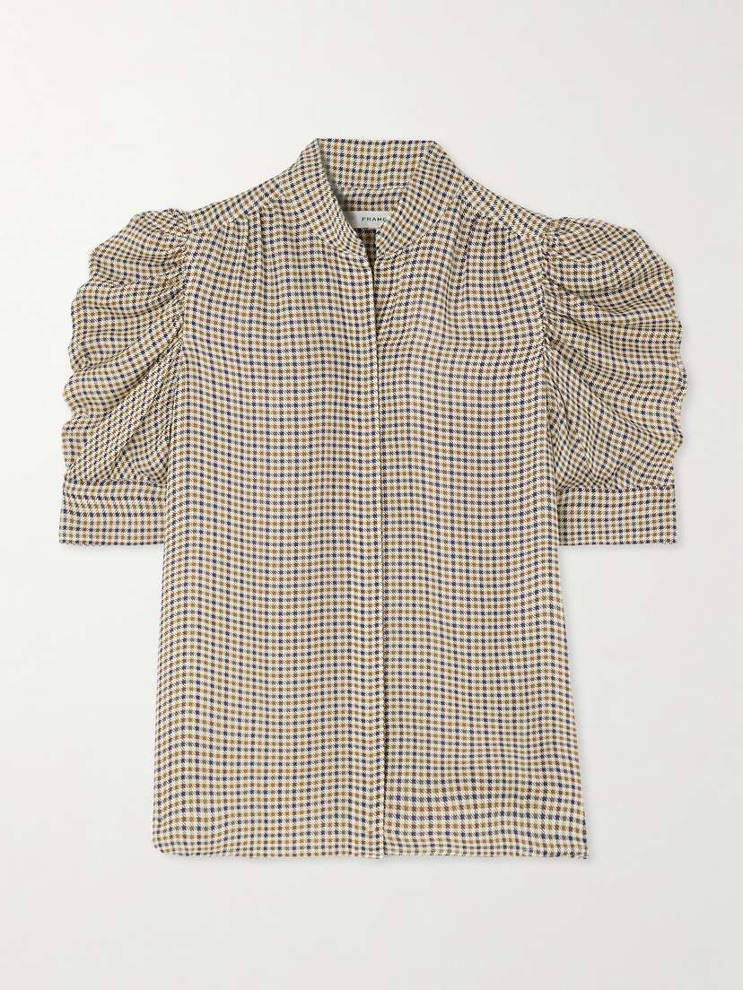 Frame The Gillian Ruched Houndstooth Silk-crepe Blouse