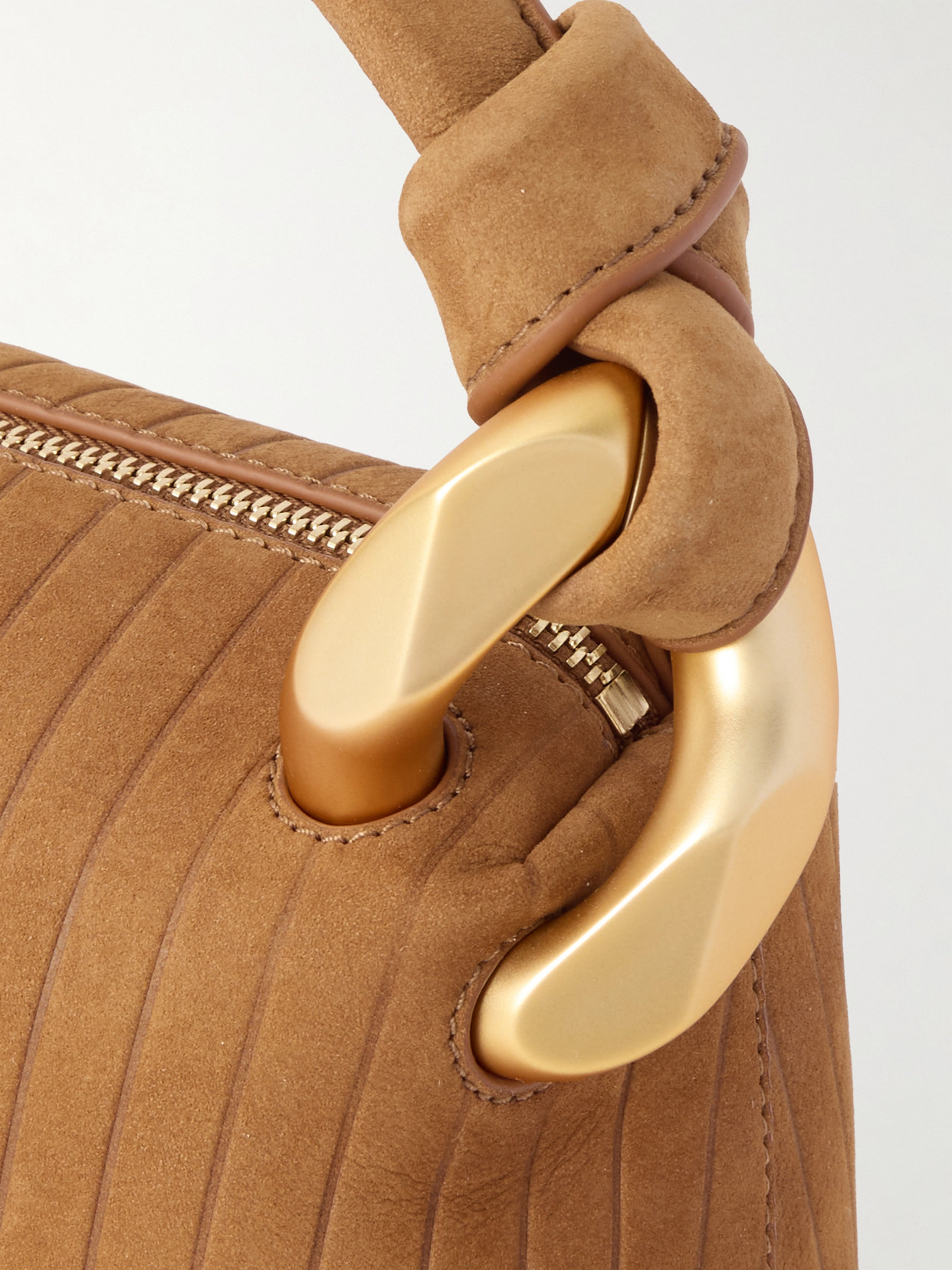 Jw Anderson Jwa Corner Small Chain-embellished Ribbed Nubuck Shoulder Bag In Brown