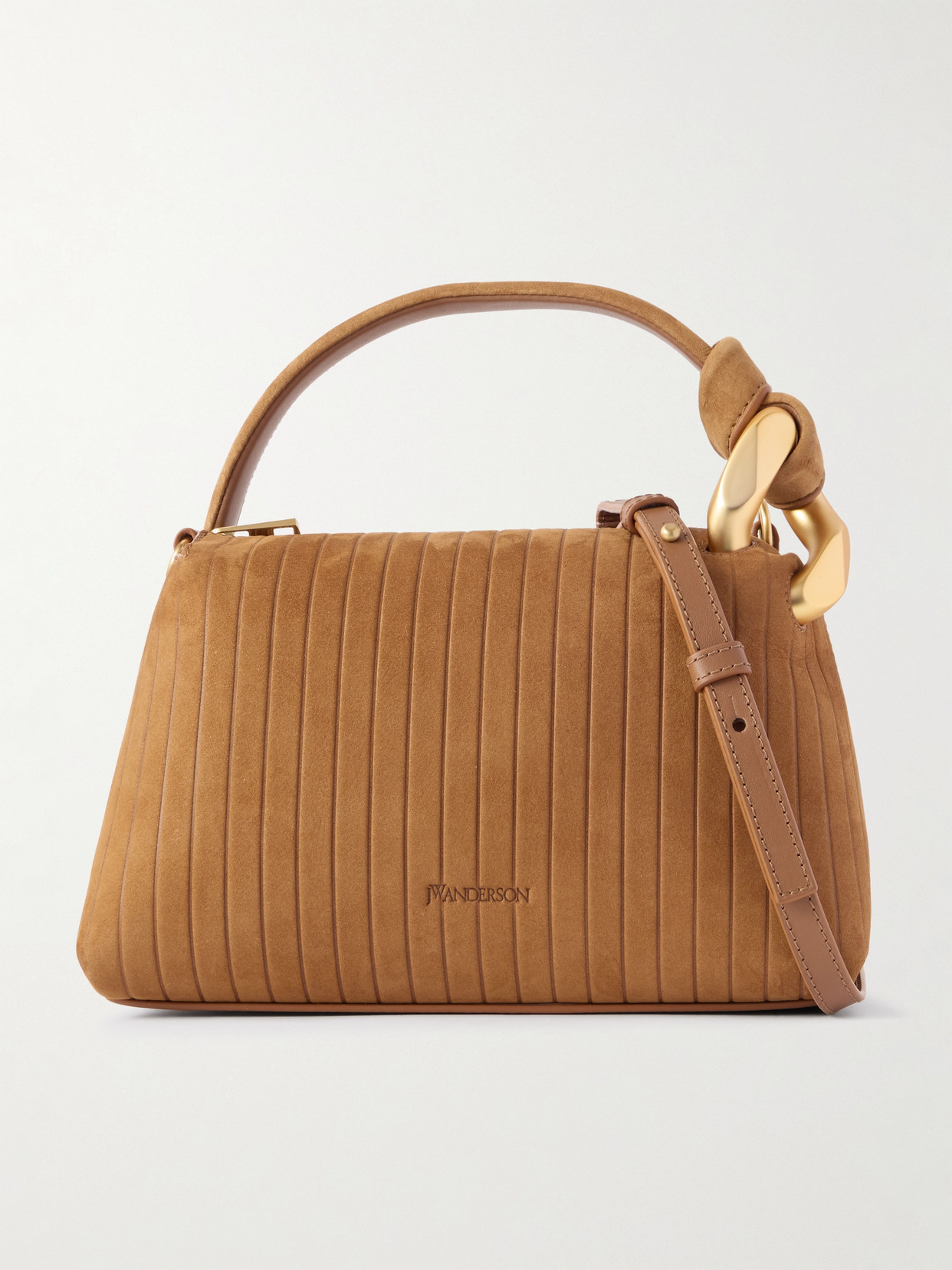 Jw Anderson Jwa Corner Small Chain-embellished Ribbed Nubuck Shoulder Bag In Brown