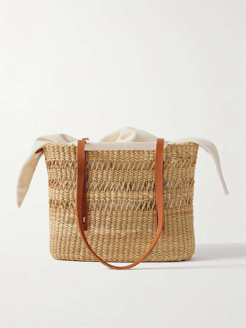 MUUÑ Bicro Micro Leather-trimmed Woven Straw Tote