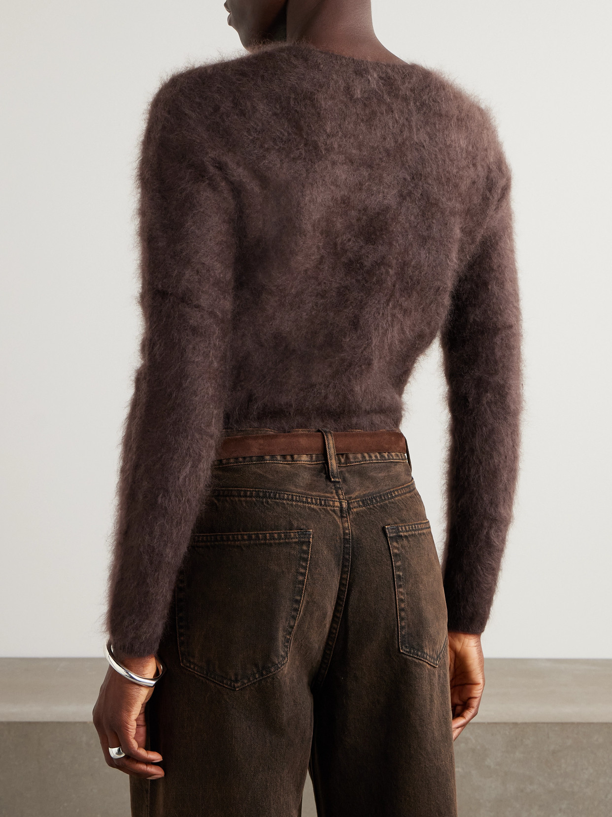 Frame Teddy Cropped Brushed-cashmere Cardigan In Purple