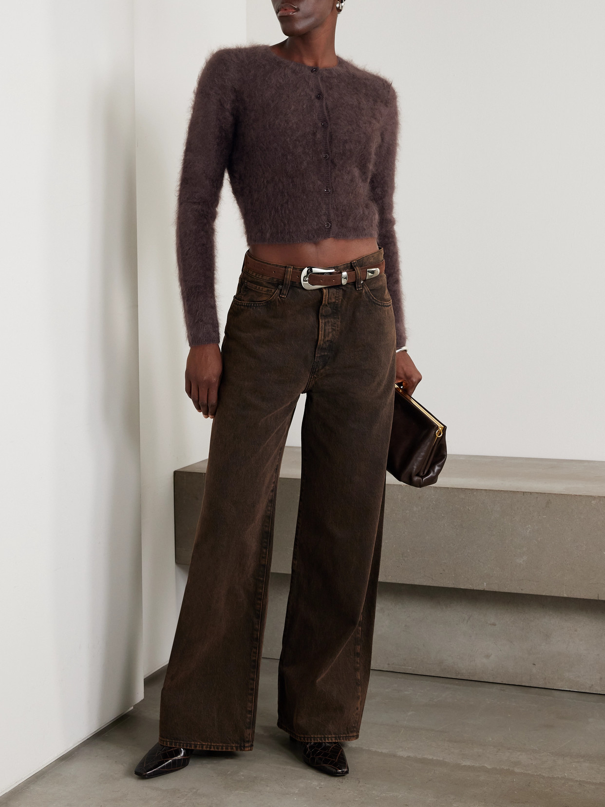 Frame Teddy Cropped Brushed-cashmere Cardigan In Purple