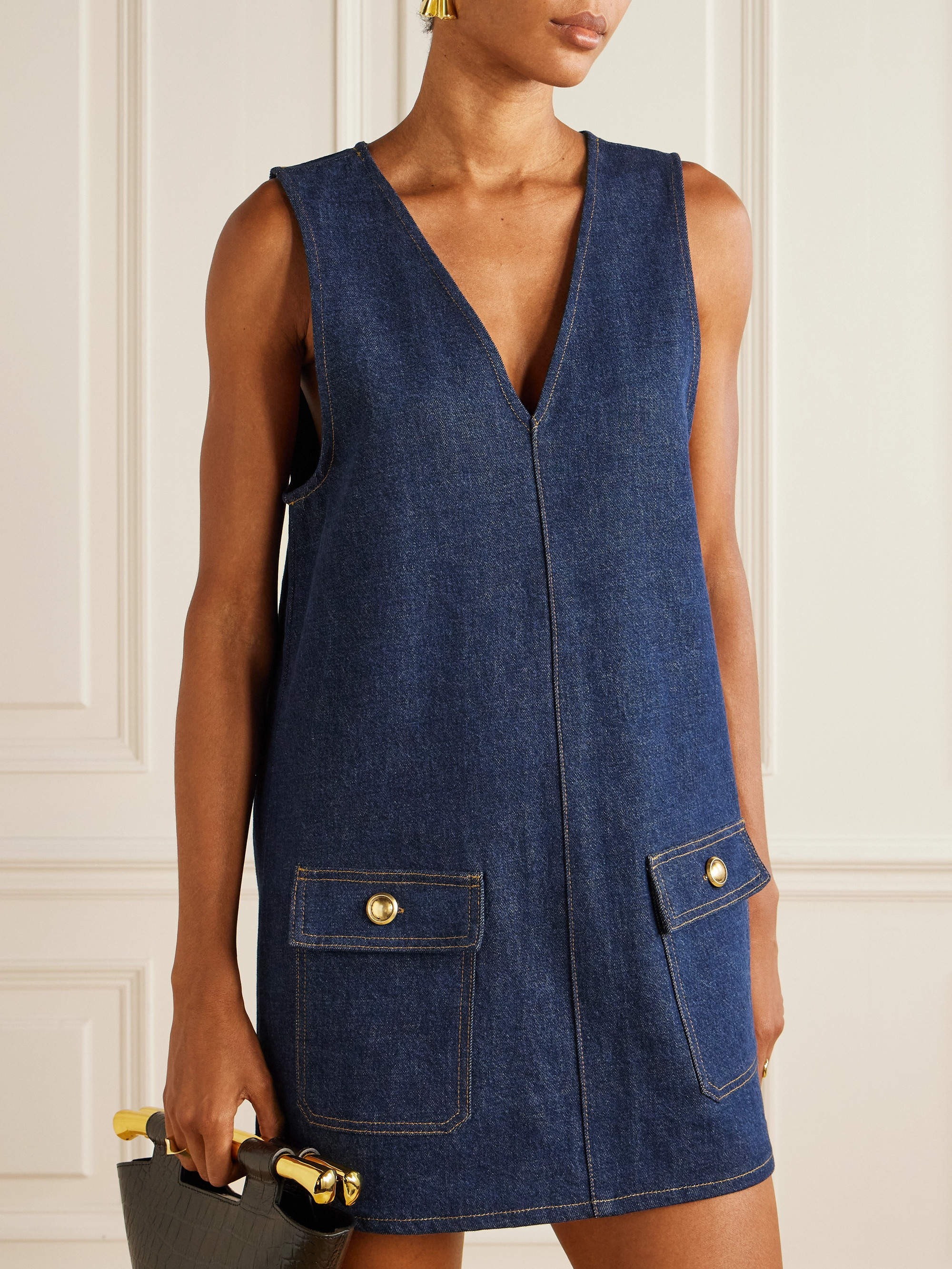 FRAME The Pinafore paneled denim mini dress thumbnail