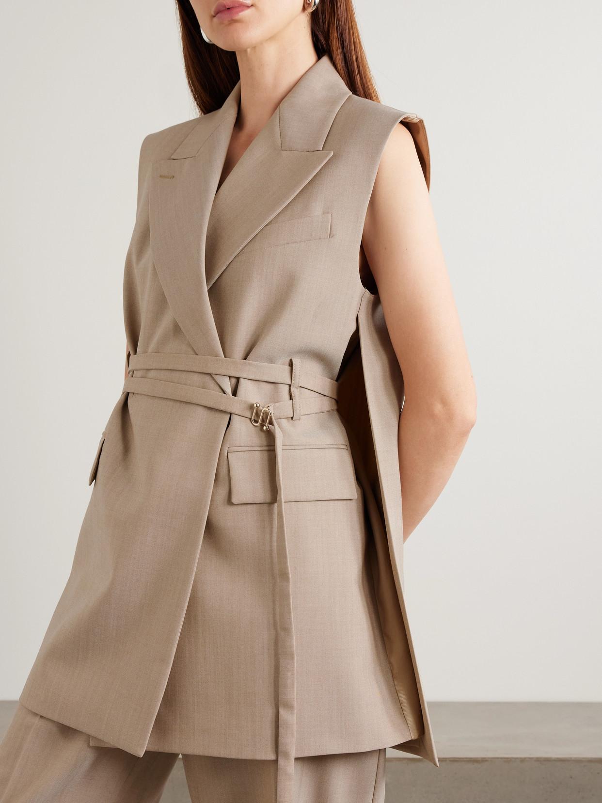 Oversized Belted Grain De Poudre Wool Vest