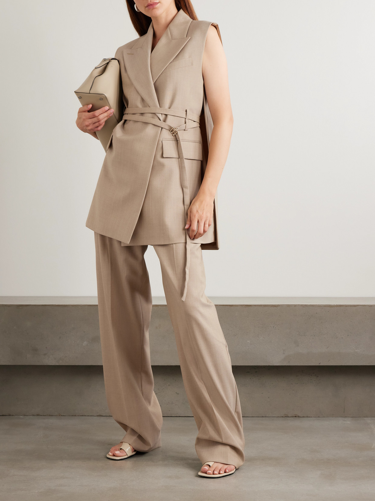 Oversized Belted Grain De Poudre Wool Vest