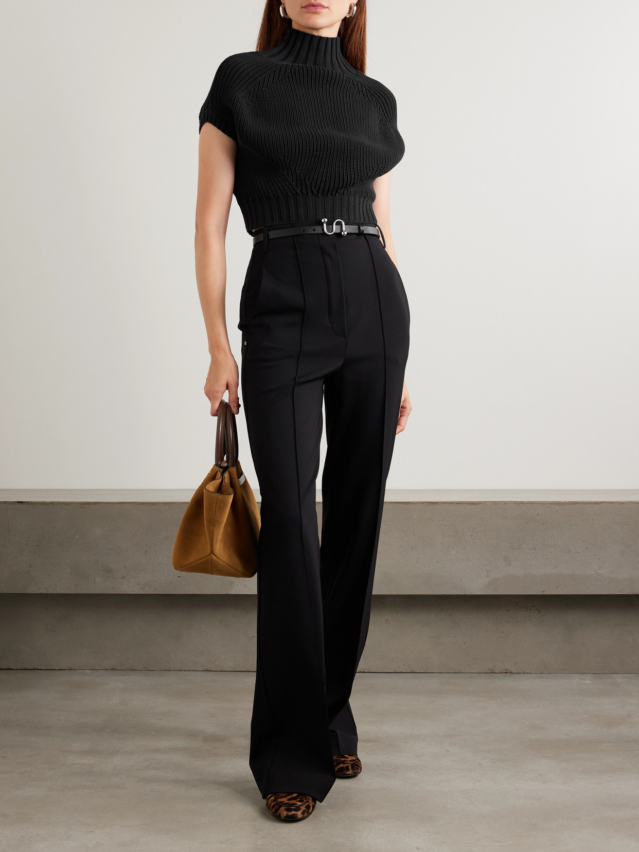 Balloon Cropped Ribbed Cotton-Blend Sweater