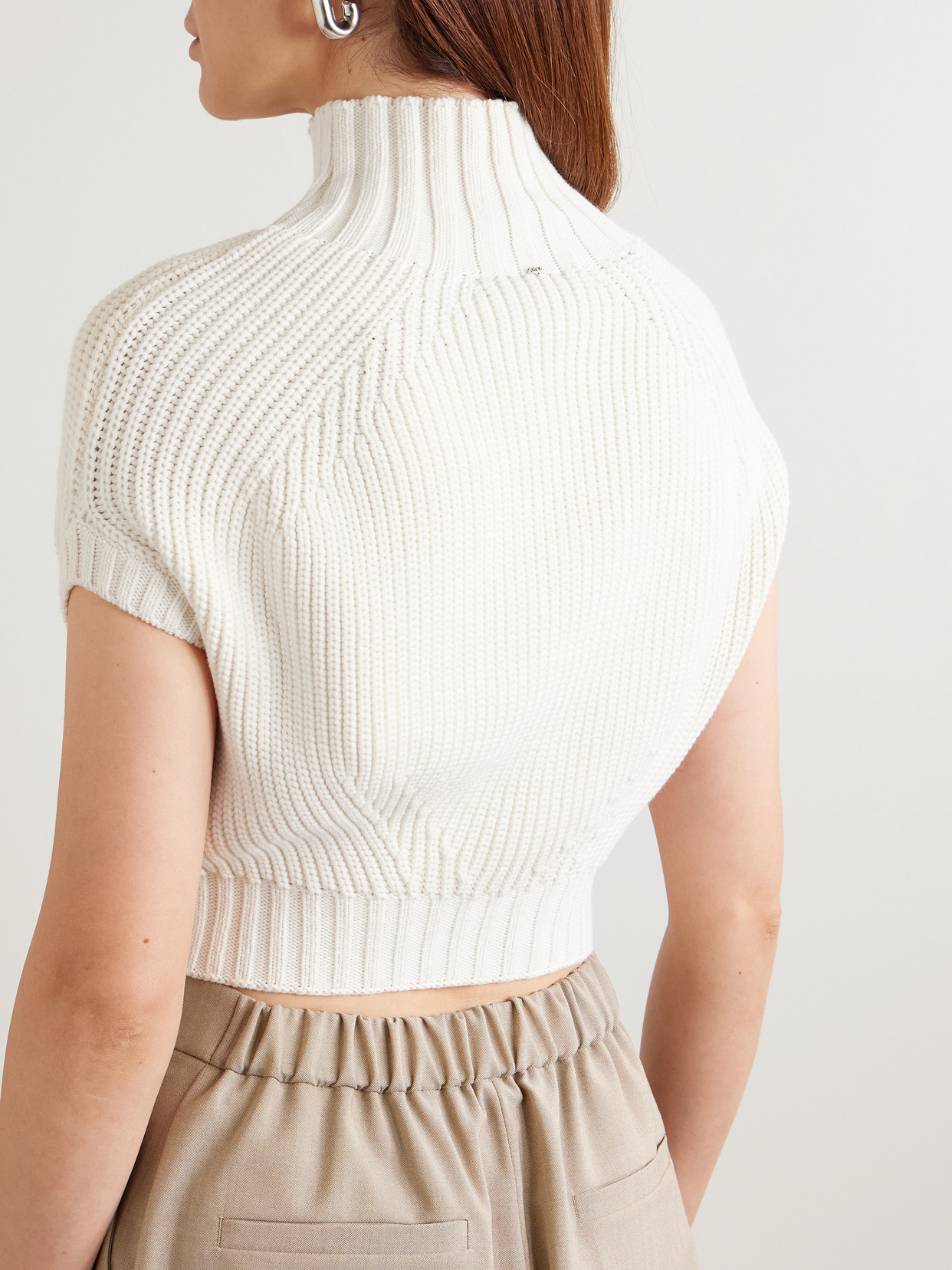 Balloon Cropped Ribbed Cotton-Blend Sweater