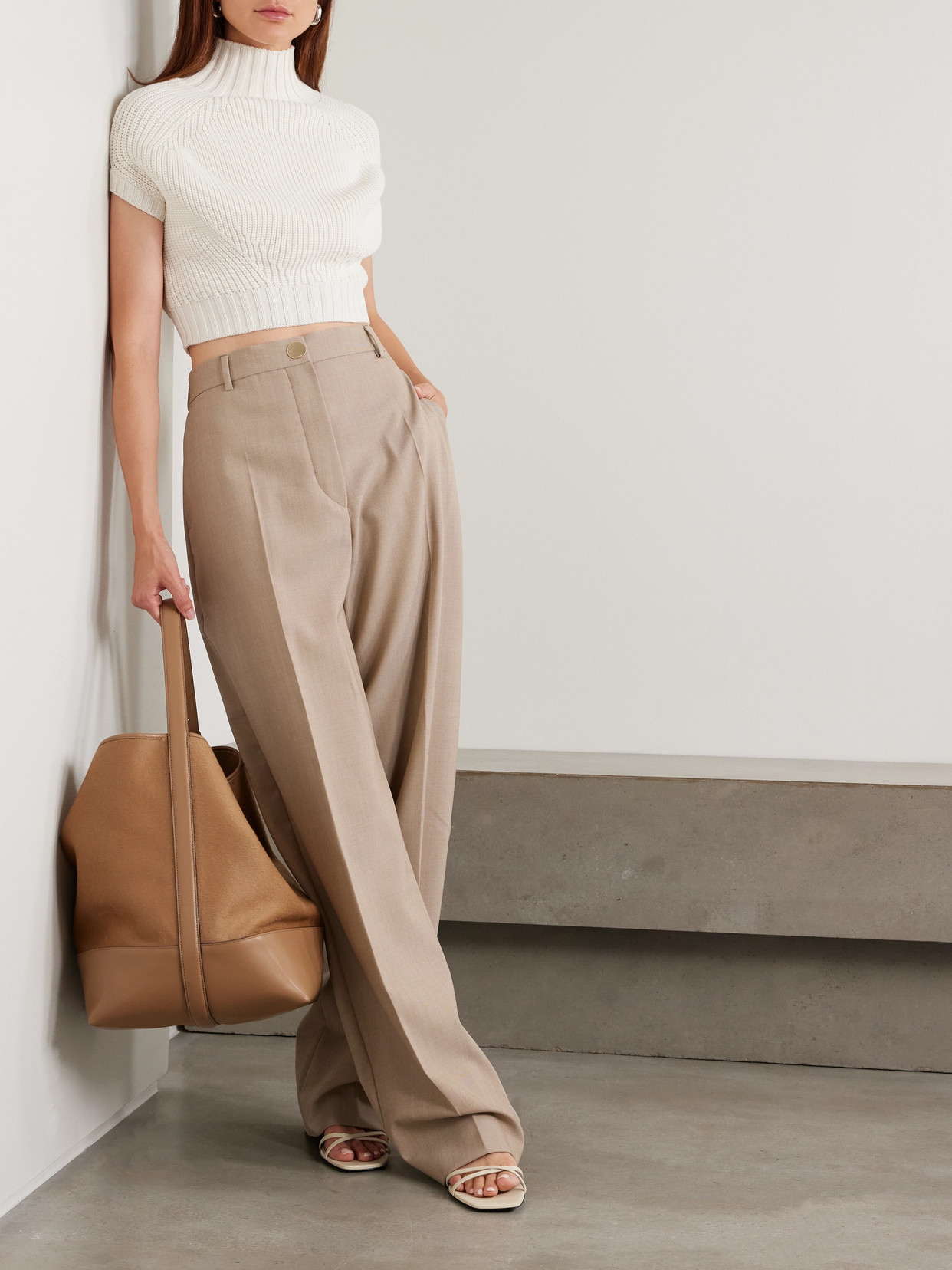 Balloon Cropped Ribbed Cotton-Blend Sweater