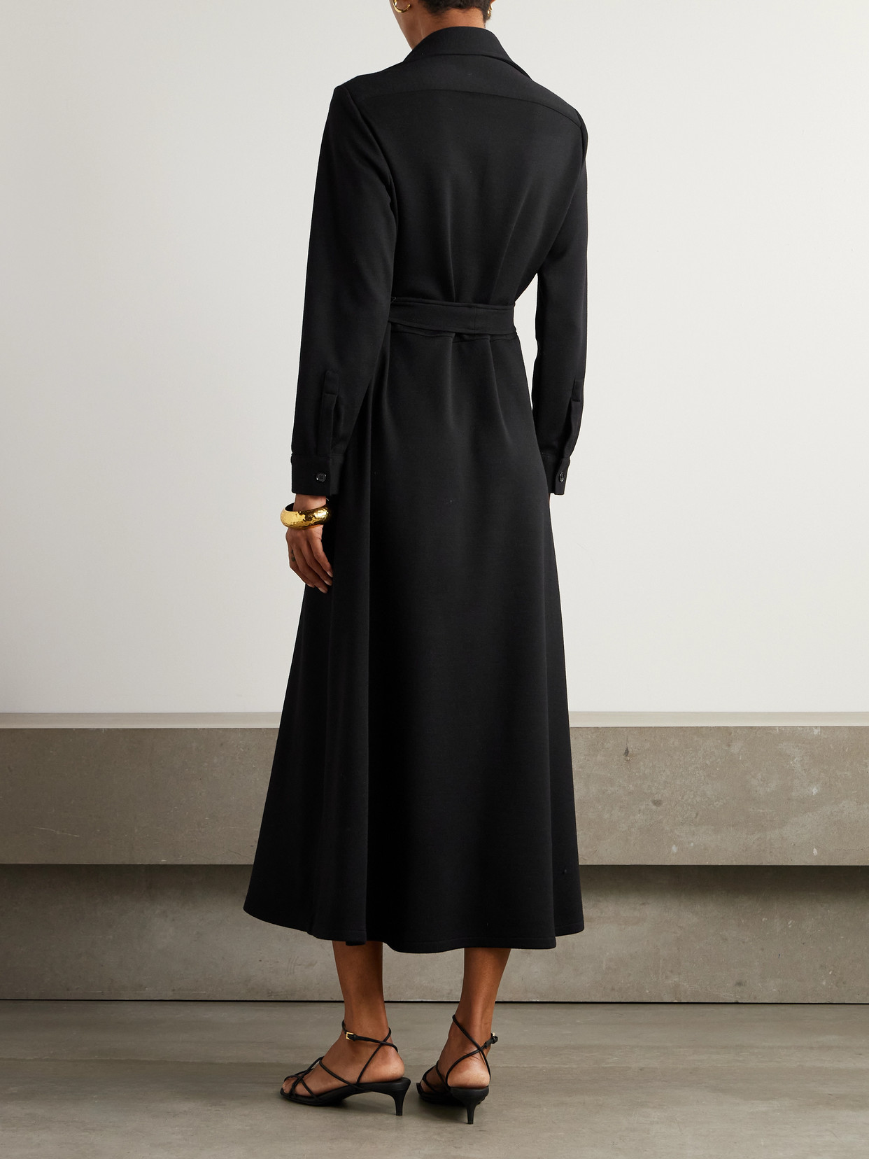 Giuliva Heritage The Dora Belted Wool-jersey Midi Shirt Dress In Black