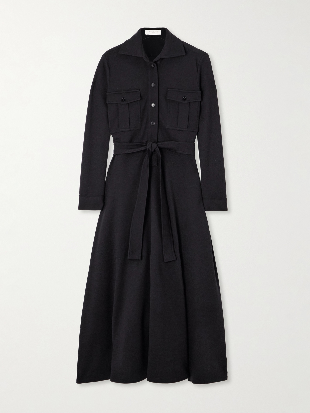 Giuliva Heritage The Dora Belted Wool-jersey Midi Shirt Dress In Black