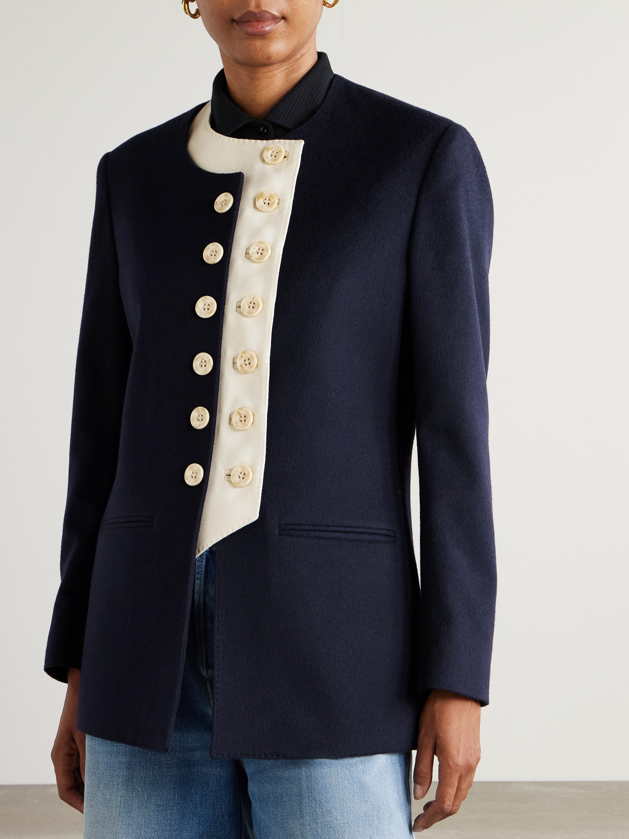 Giuliva Heritage The Lara Wool Twill-trimmed Cashmere Blazer In Blue