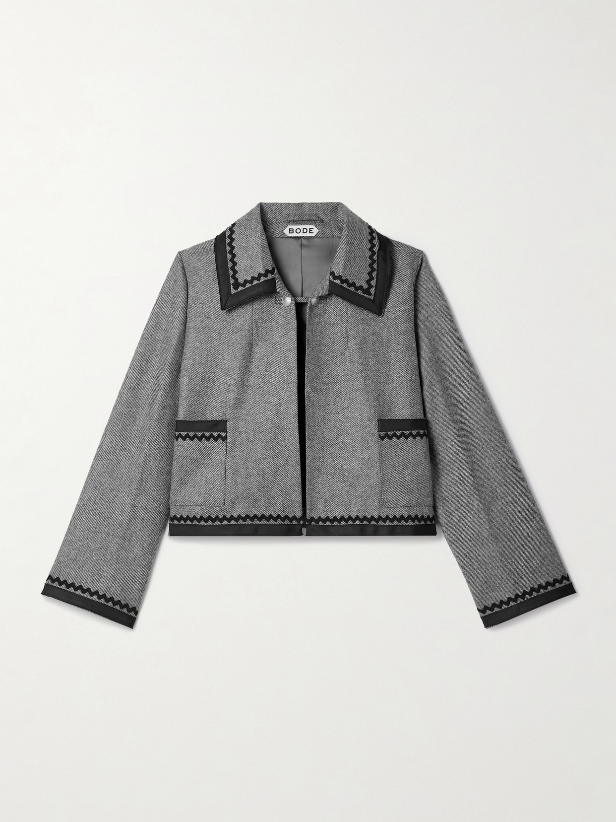 Bode Dovecote Cropped Cotton Twill-trimmed Wool-twill Jacket In Gray