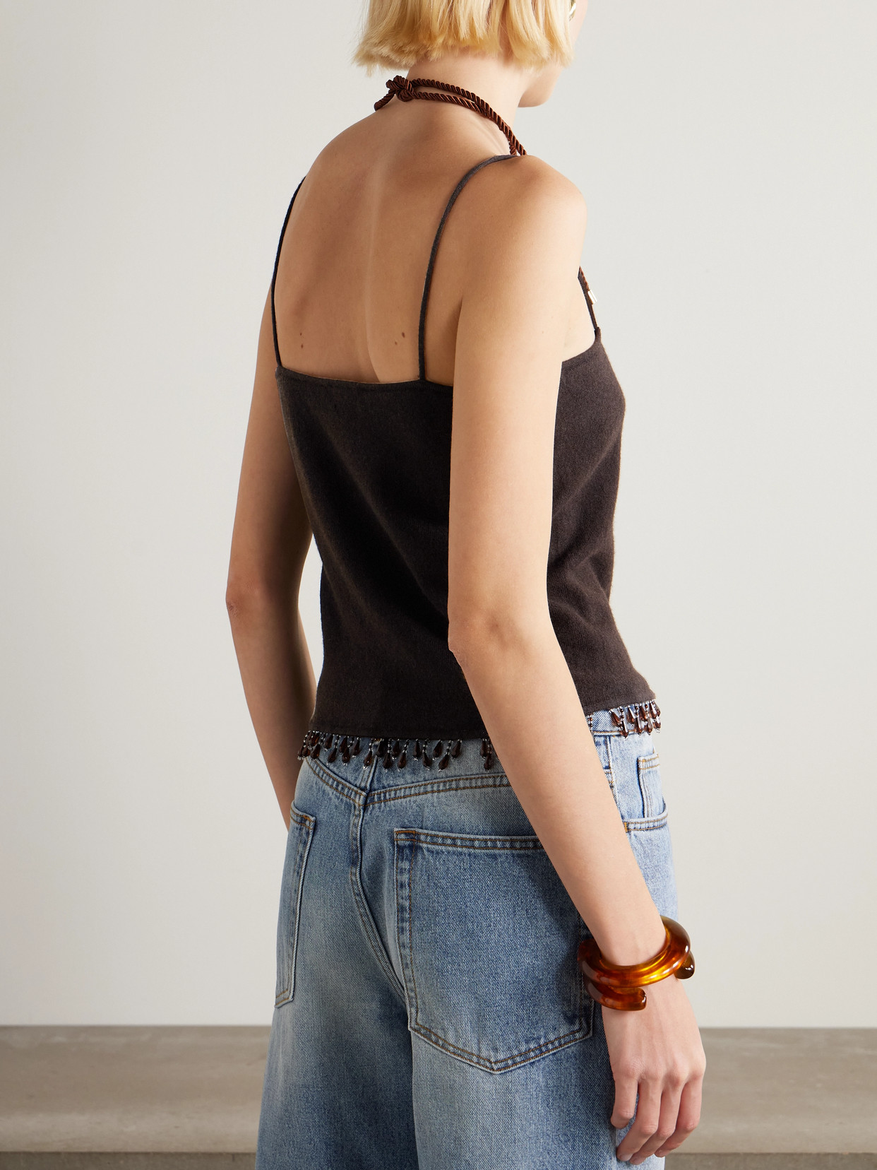 Bode Fringed Bead-embellished Wool And Cashmere-blend Top In Brown