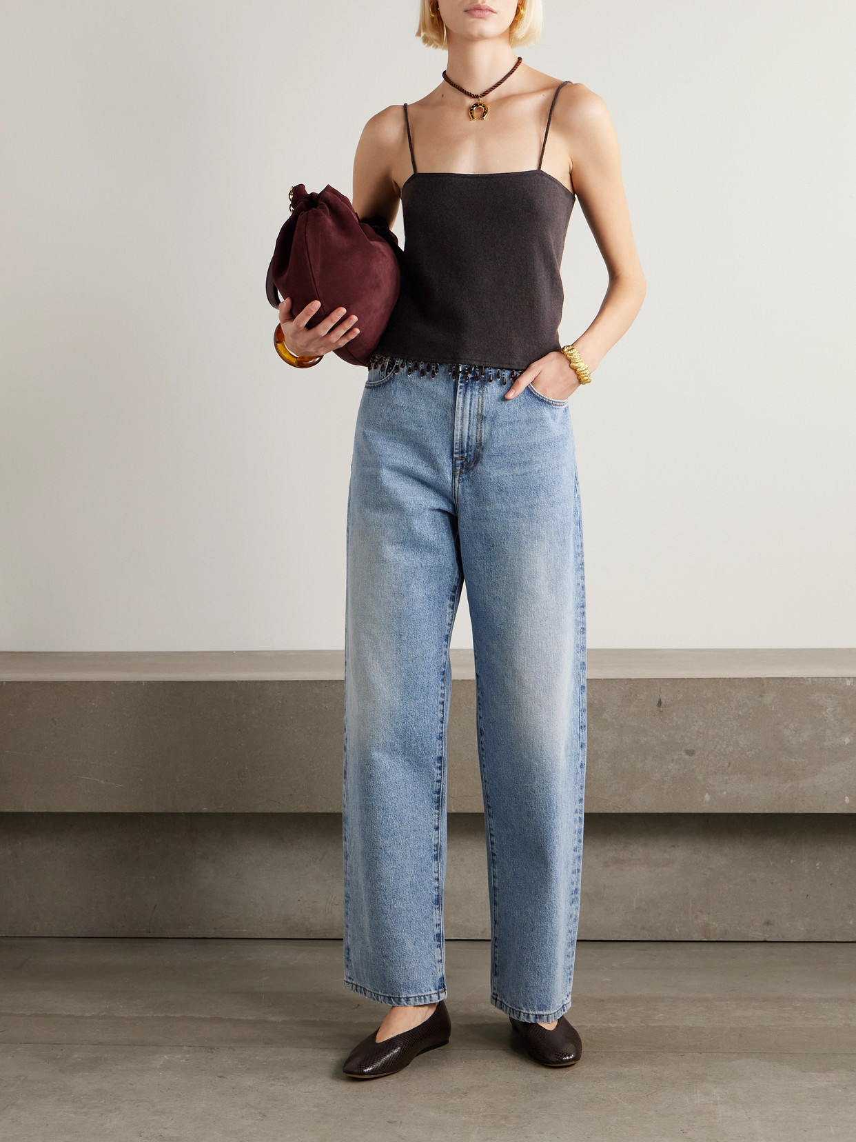 Bode Fringed Bead-embellished Wool And Cashmere-blend Top In Brown