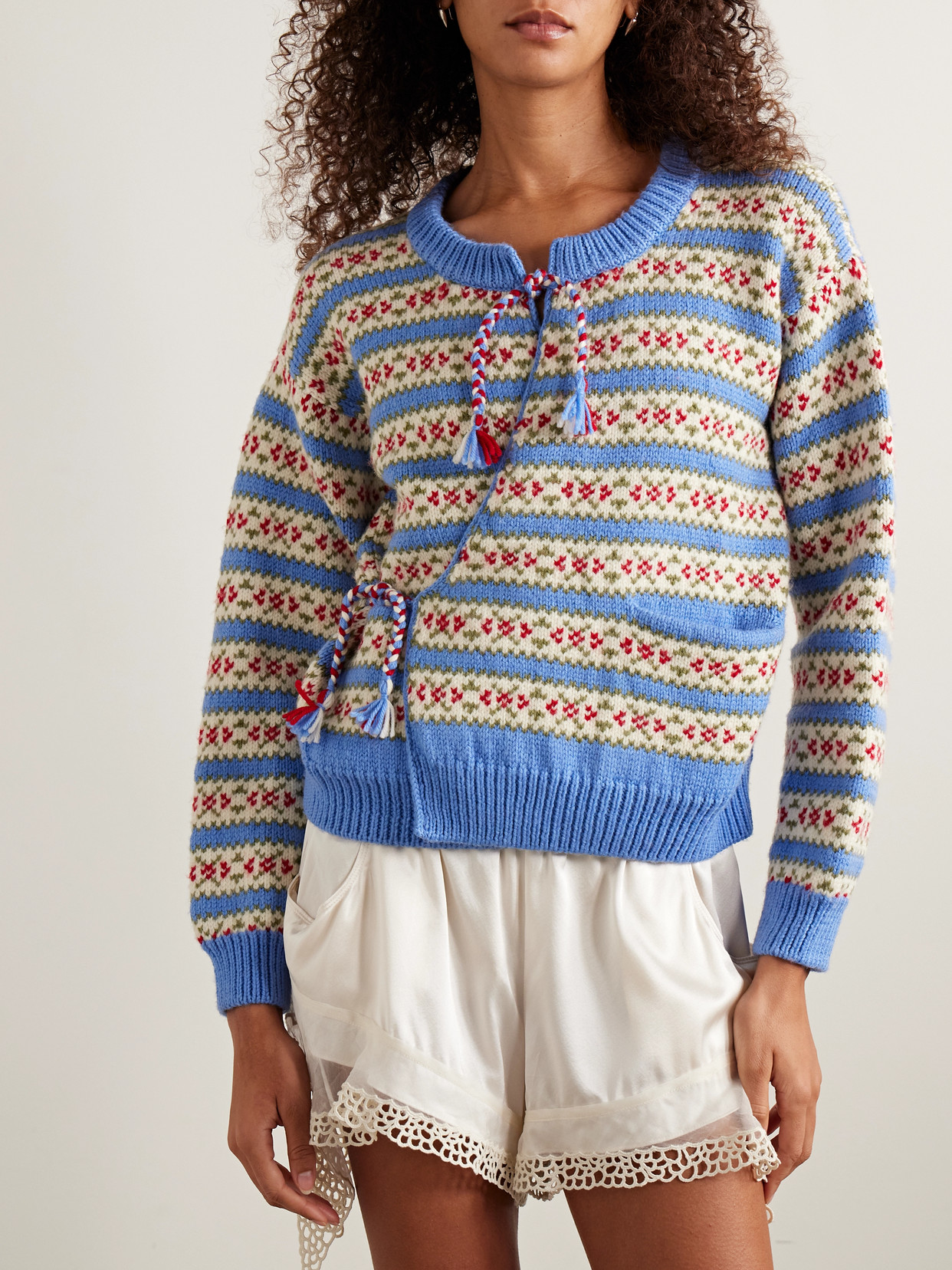 Bode Wedgewood Jacquard-knit Wool Cardigan In Blue