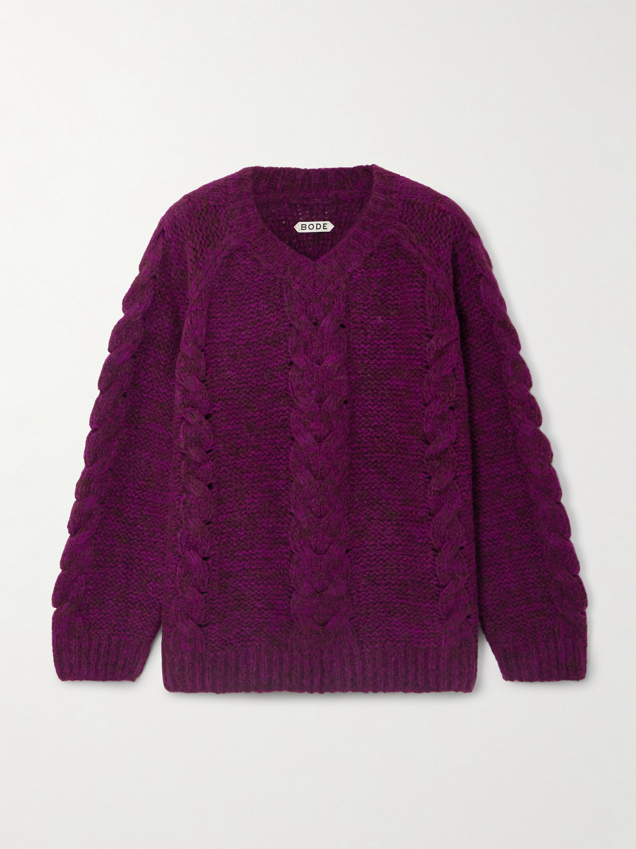 Bode Eiderdown Cable-knit Alpaca, Mohair And Silk-blend Sweater In Purple