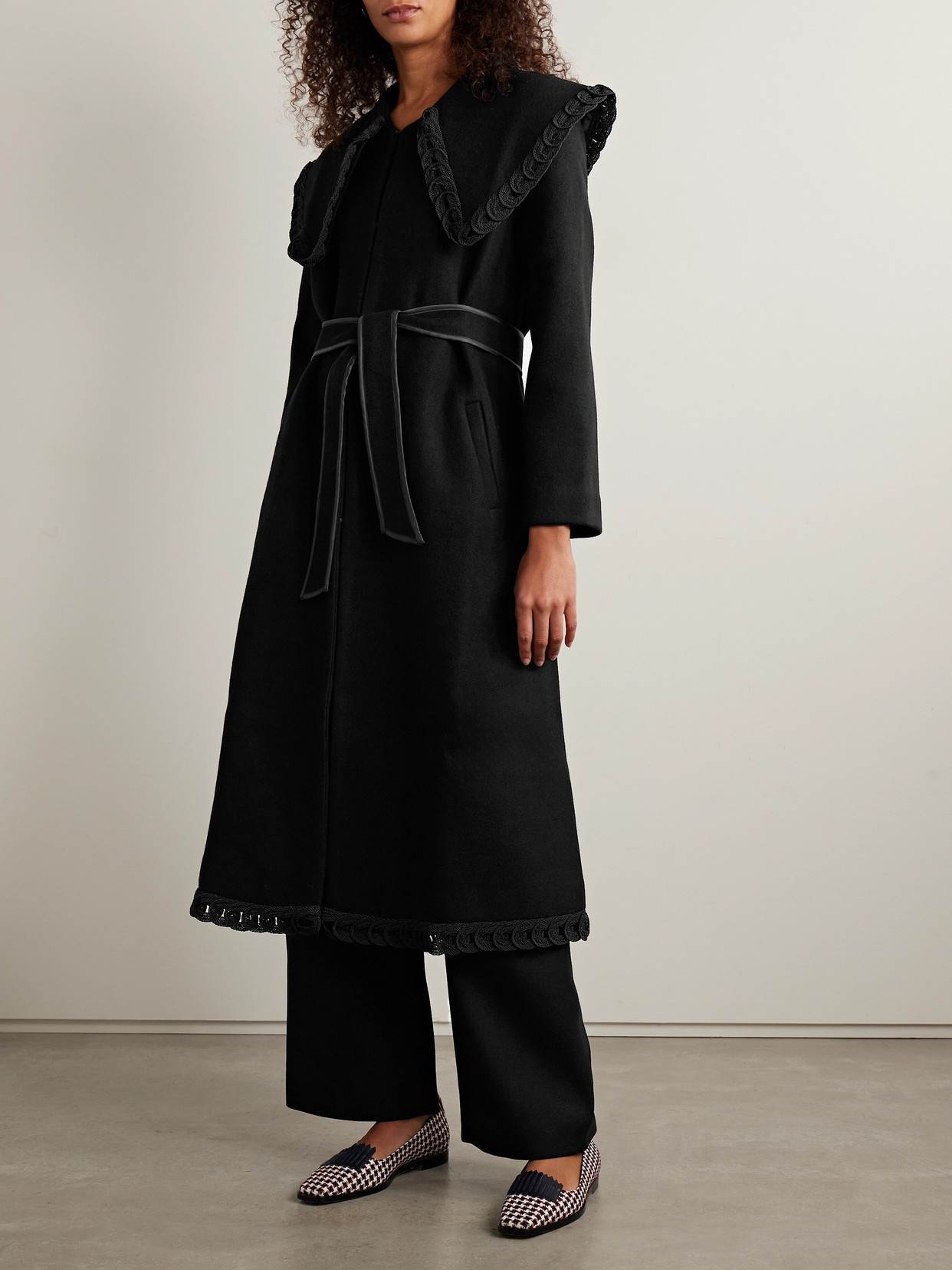 Bode Dover Belted Embroidered Wool Coat In Black