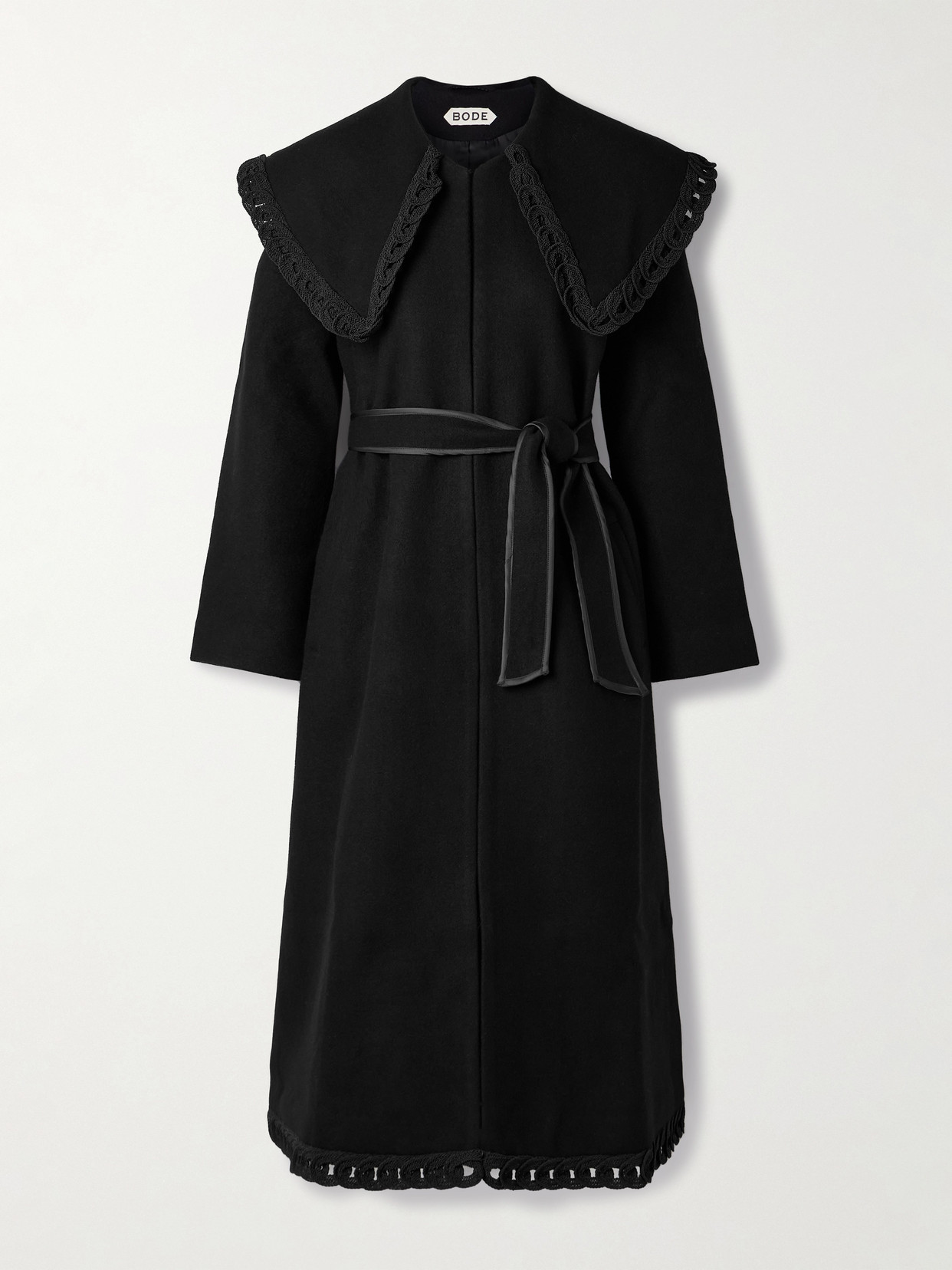 Bode Dover Belted Embroidered Wool Coat In Black