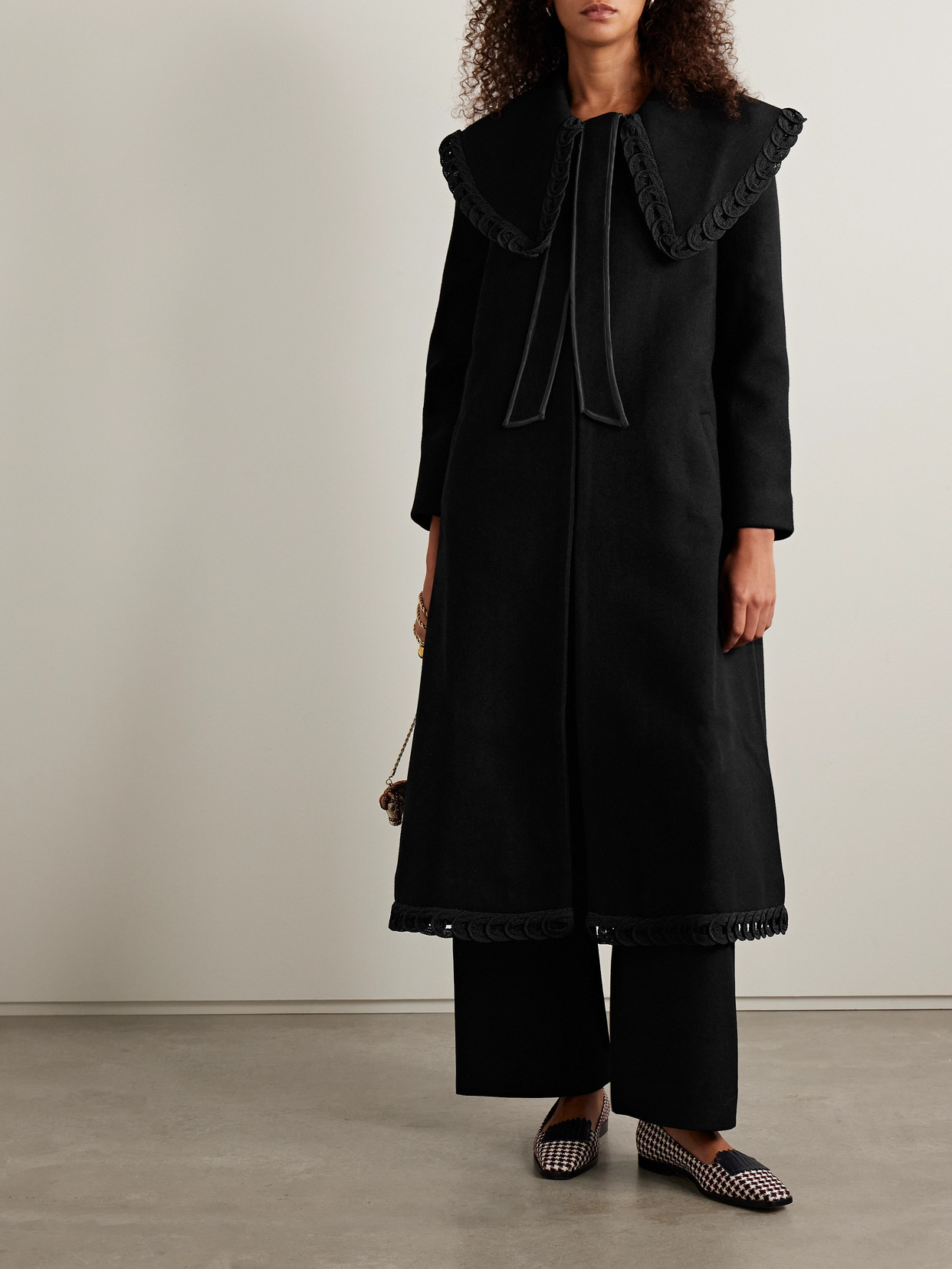Bode Dover Belted Embroidered Wool Coat In Black