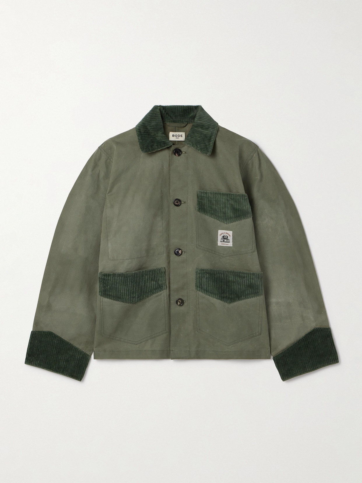 Bode Corduroy-trimmed Waxed-cotton Jacket In Green