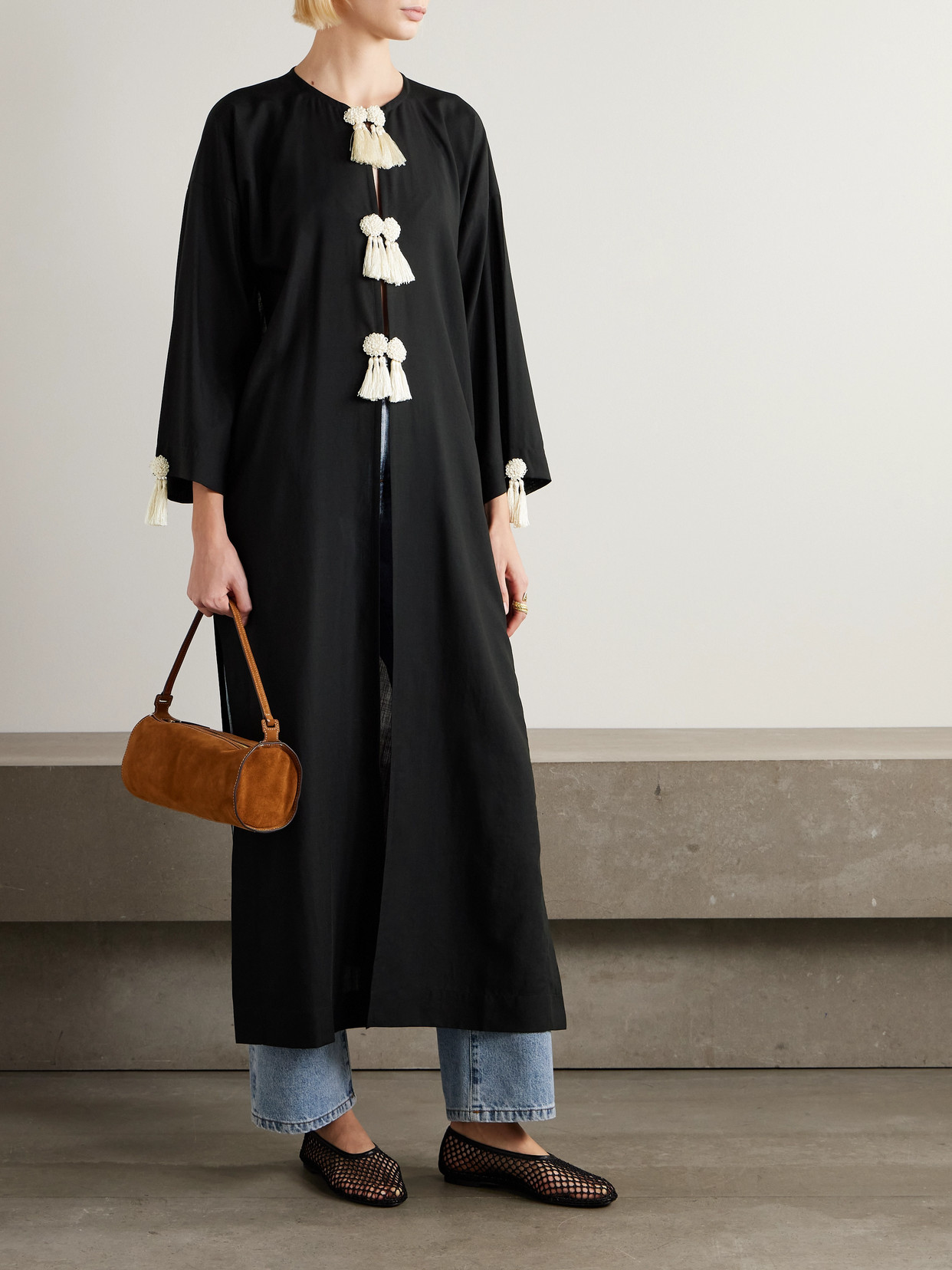 Bode Tasseled Wool Maxi Dress In Black