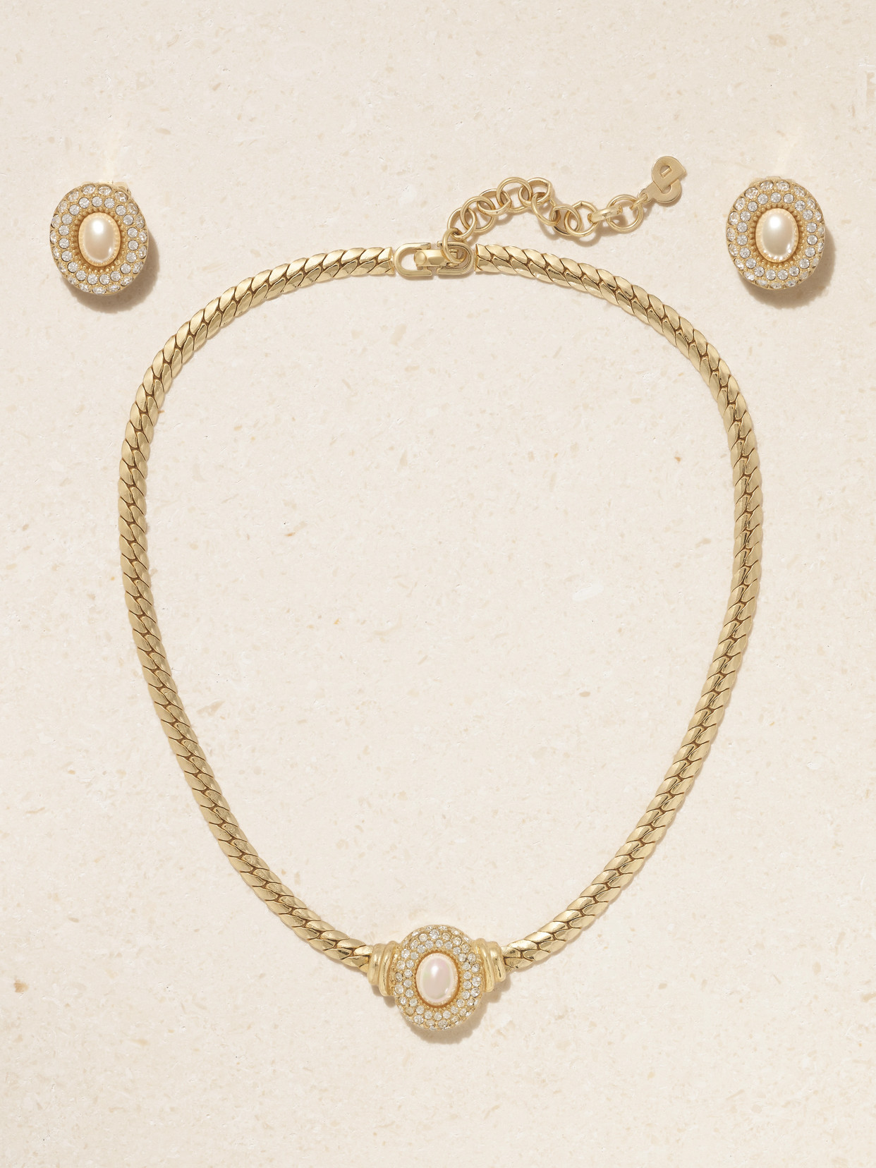 Susan Caplan Vintage Christian Dior Gold-plated, Faux Pearl And Swarovski Crystal Necklace And Clip Earrings Set
