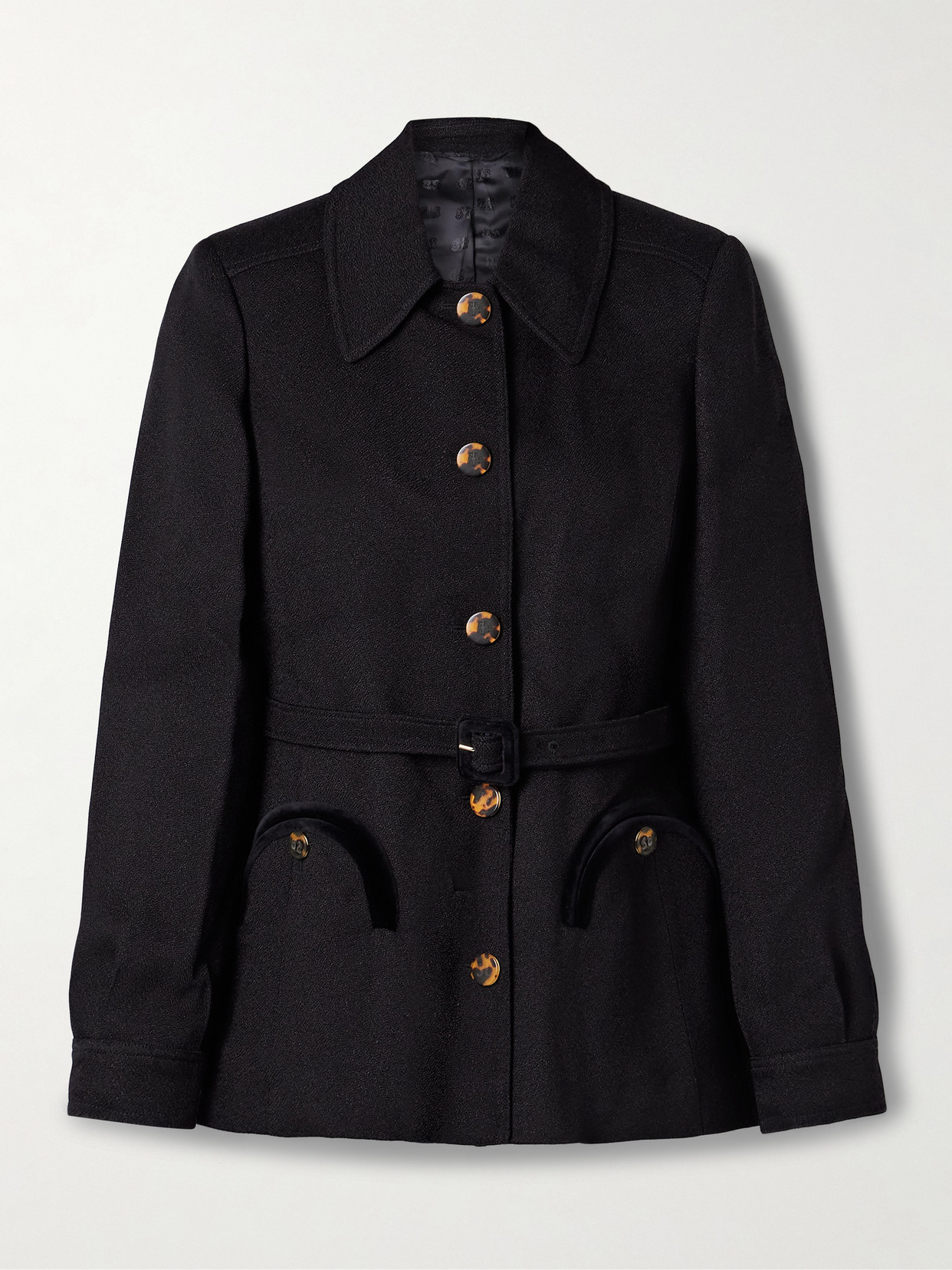 Blazé Milano Luna Belted Velvet-trimmed Crepe Jacket In Blue