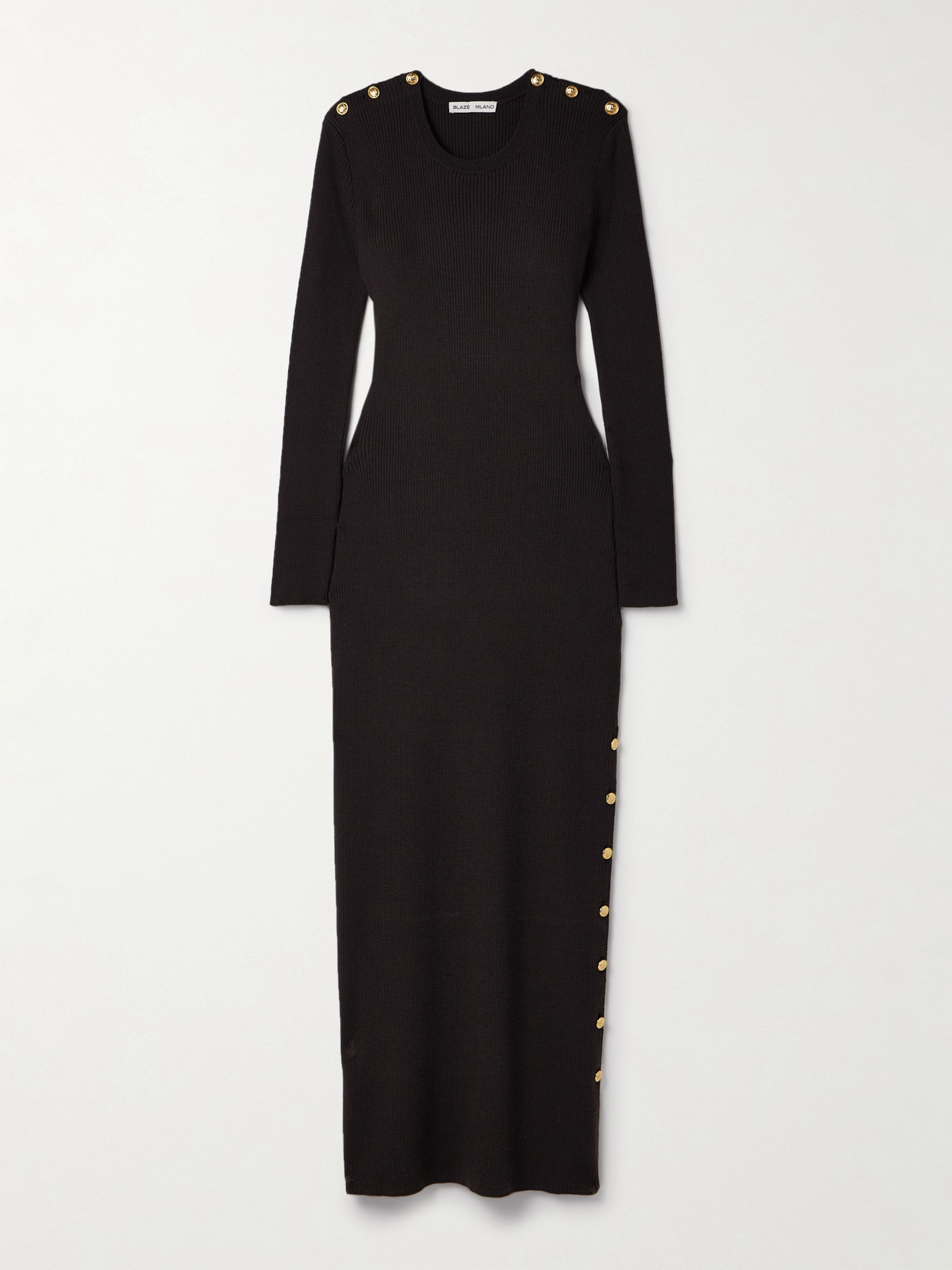 Blazé Milano Love Bug Button-embellished Ribbed Merino Wool Midi Dress In Brown