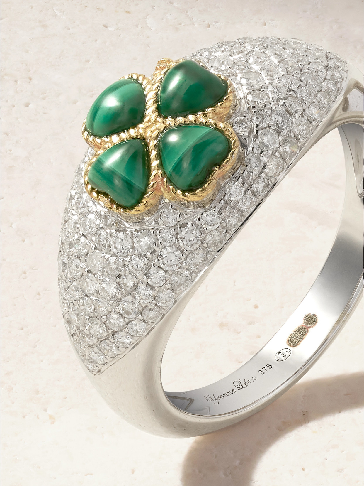 Yvonne Léon Mini Bague Dôme Trèfle 9-karat White And Yellow Gold, Malachite And Diamond Ring