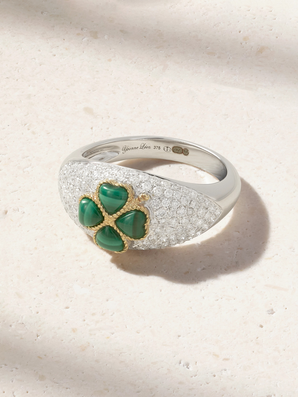 Yvonne Léon Mini Bague Dôme Trèfle 9-karat White And Yellow Gold, Malachite And Diamond Ring