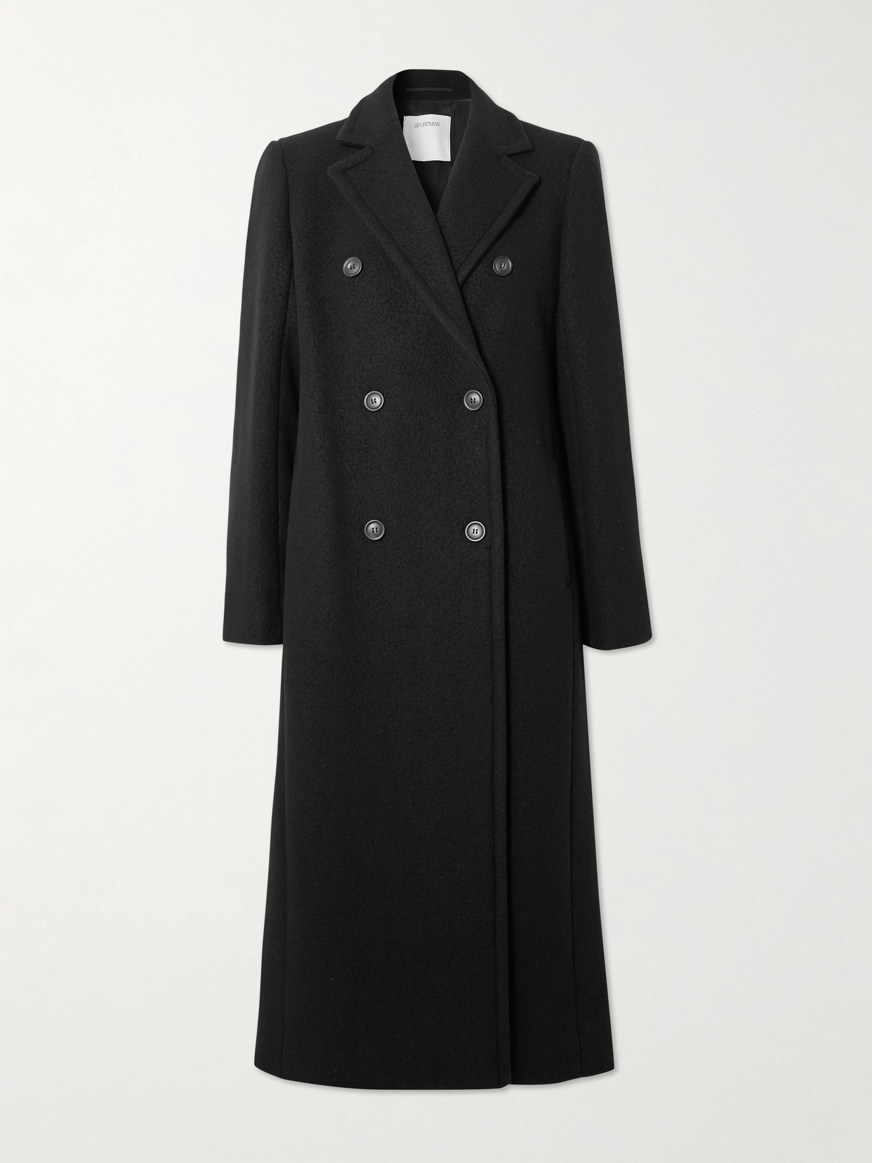 Sportmax Long Double-breasted Black Coat With Structured Shoulders And Belt Detail In Black