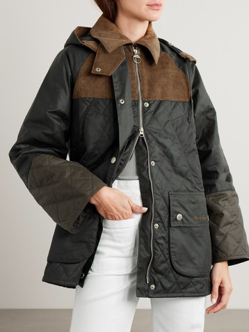 BARBOUR Imelda hooded corduroy-trimmed waxed-cotton and quilted shell jacket