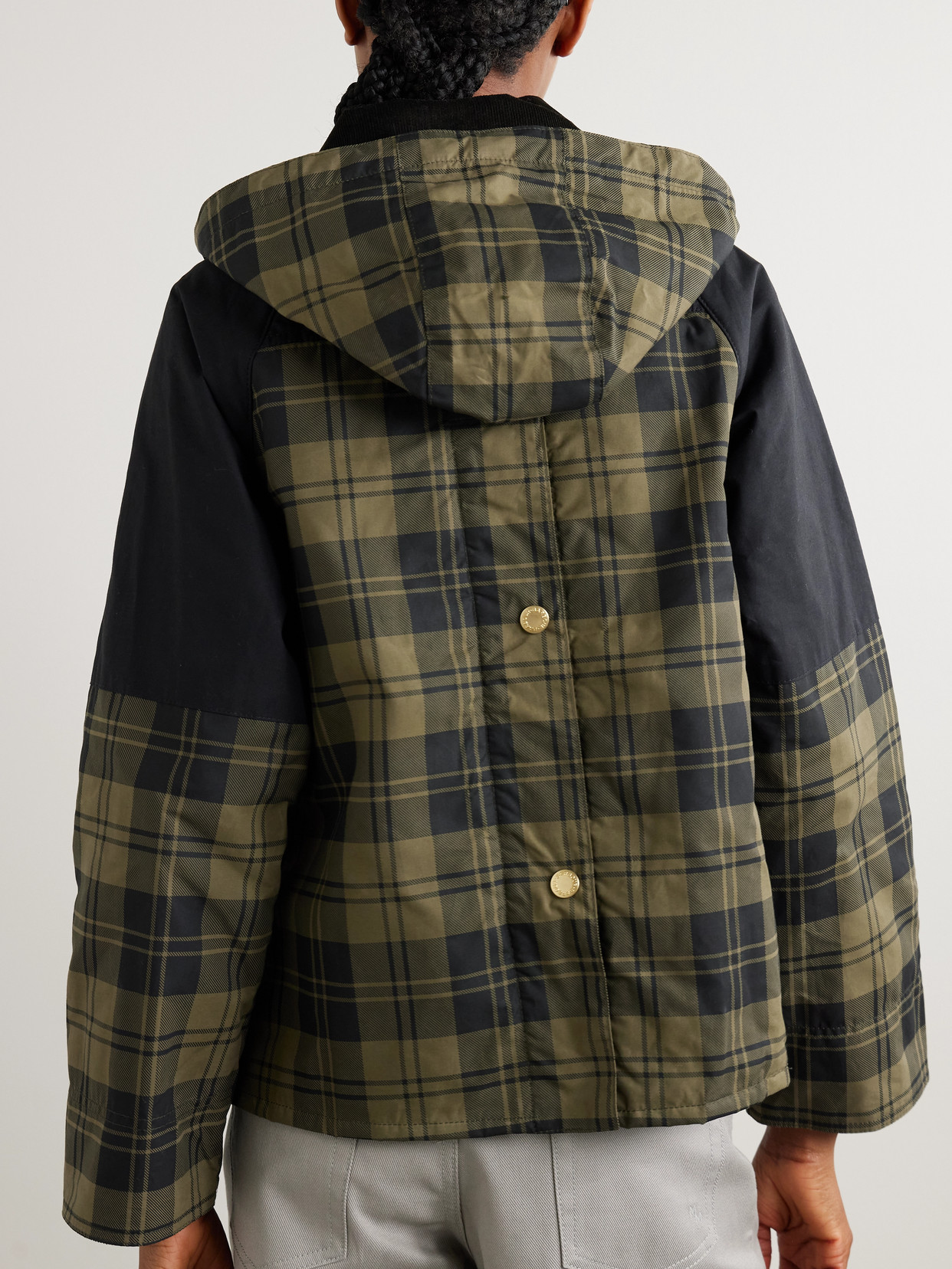 Elaine Hooded Corduroy-Trimmed Checked Waxed-Cotton Jacket