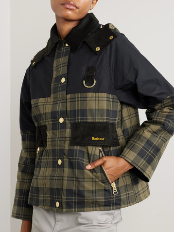BARBOUR Elaine hooded corduroy-trimmed checked waxed-cotton jacket
