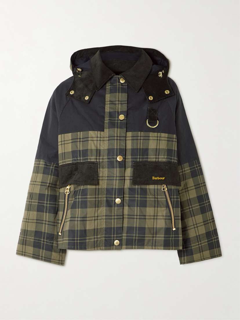 Barbour Elaine Hooded Corduroy-trimmed Checked Waxed-cotton Jacket