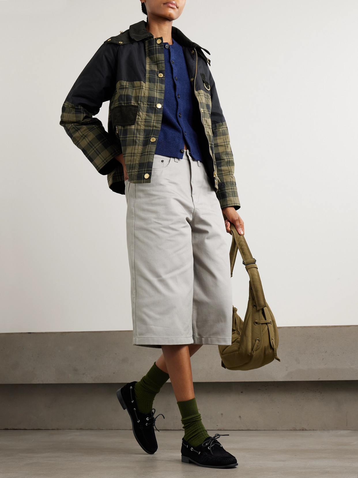 Elaine Hooded Corduroy-Trimmed Checked Waxed-Cotton Jacket