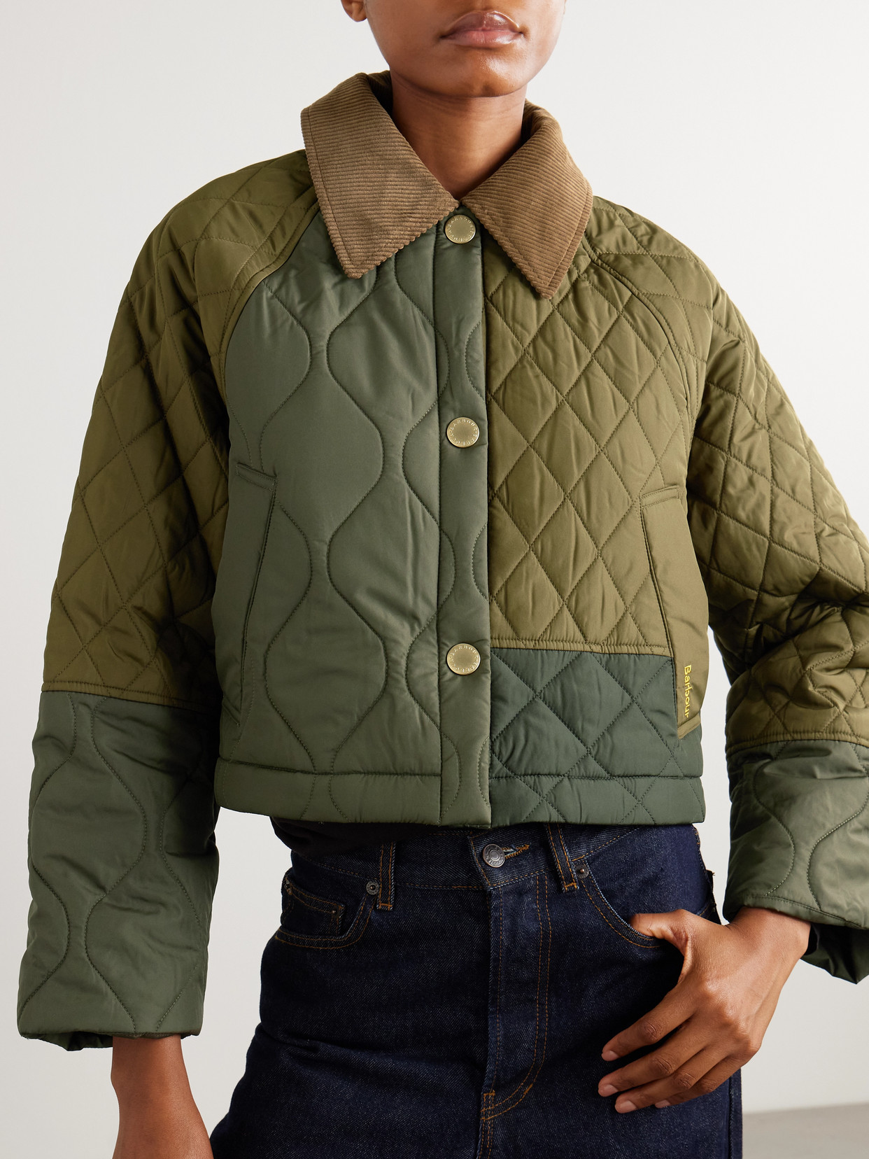 Lilian Hooded Convertible Corduroy-Trimmed Quilted Recycled-Shell Coat