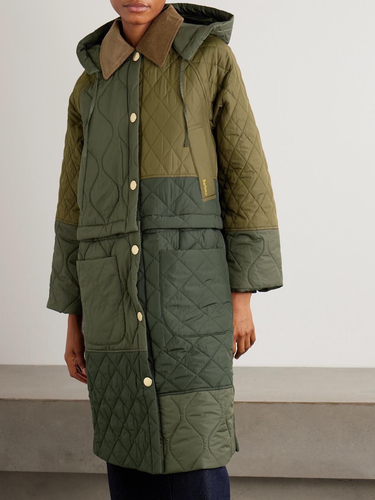 Lilian Hooded Convertible Corduroy-Trimmed Quilted Recycled-Shell Coat