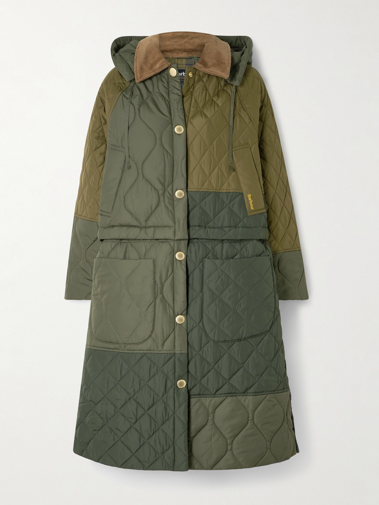 Barbour Lilian Hooded Convertible Corduroy-trimmed Quilted Recycled-shell Coat In Green