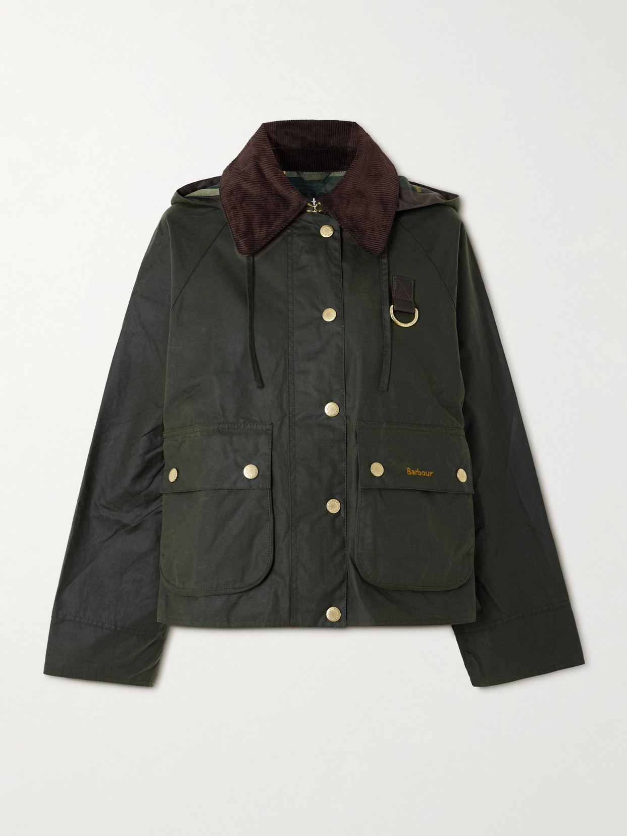 Barbour Reighton Hooded Corduroy-trimmed Waxed-cotton Jacket In Green