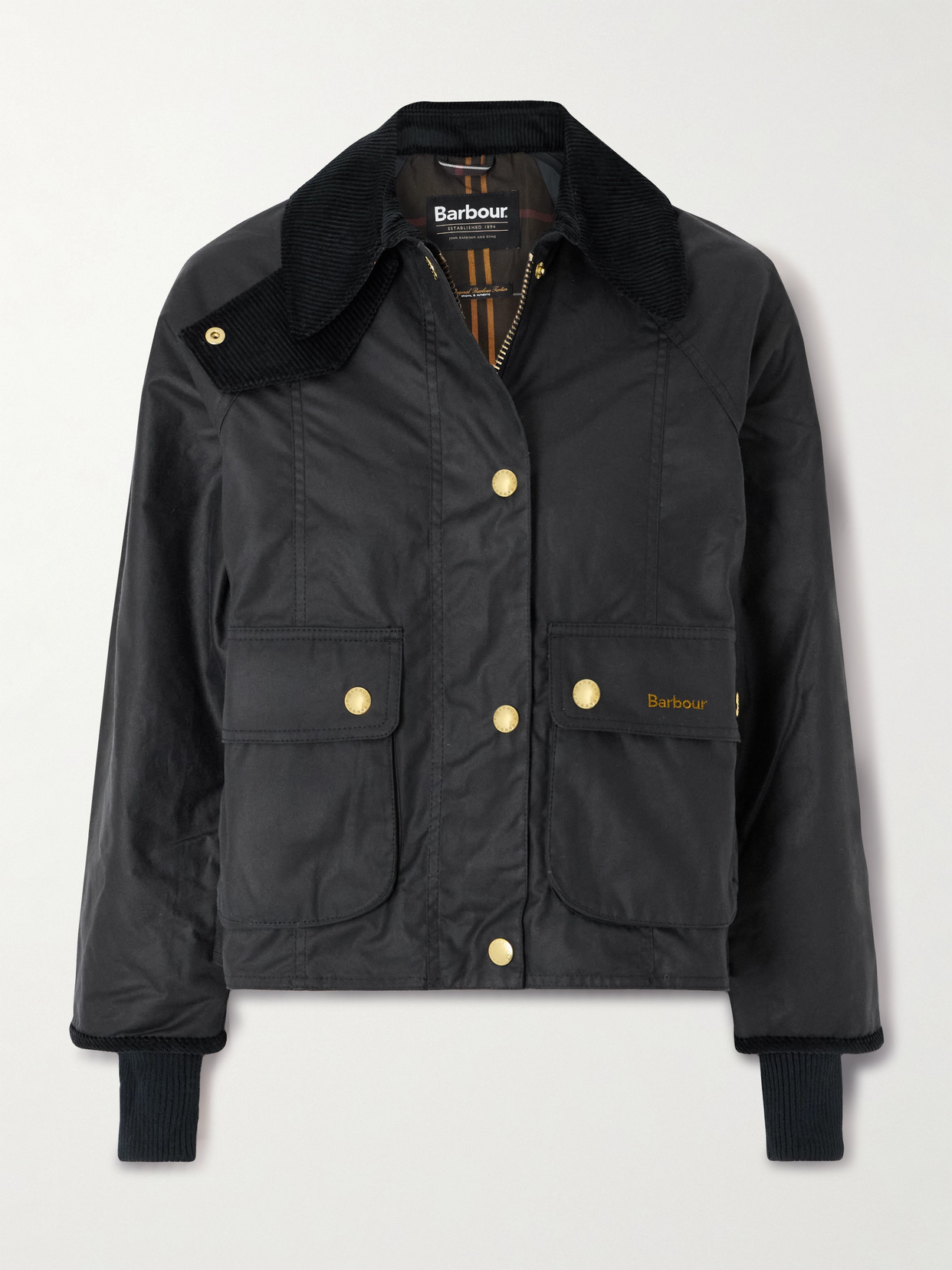Barbour Cropped Corduroy-trimmed Waxed Cotton Jacket In Black