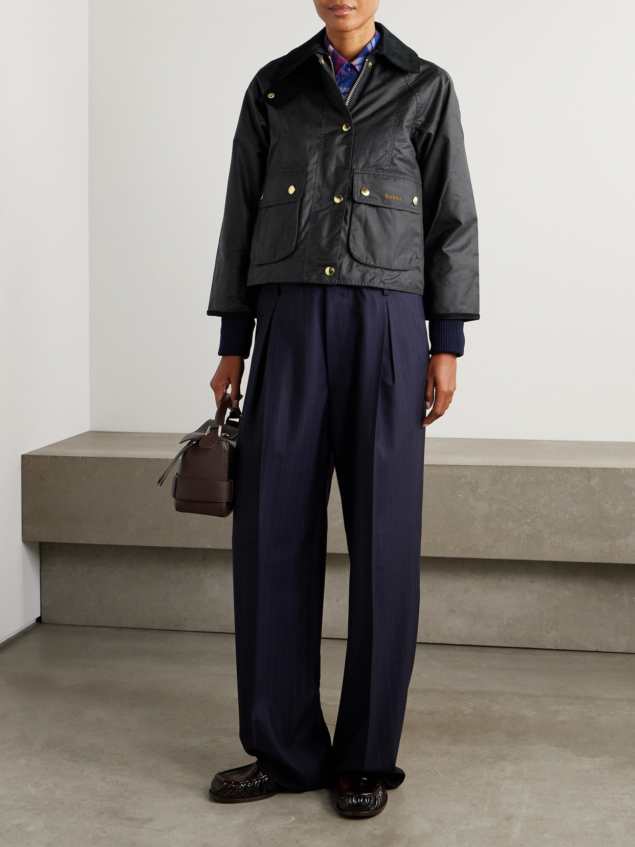 Cropped Corduroy-Trimmed Waxed Cotton Jacket