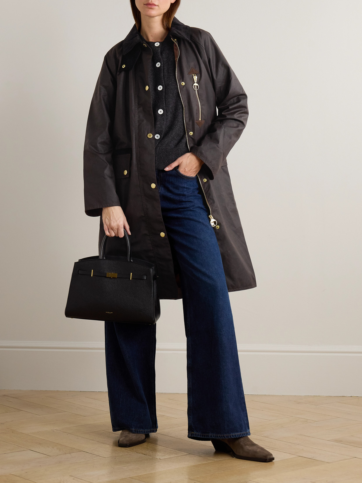Evette Corduroy-Trimmed Waxed-Cotton Trench Coat
