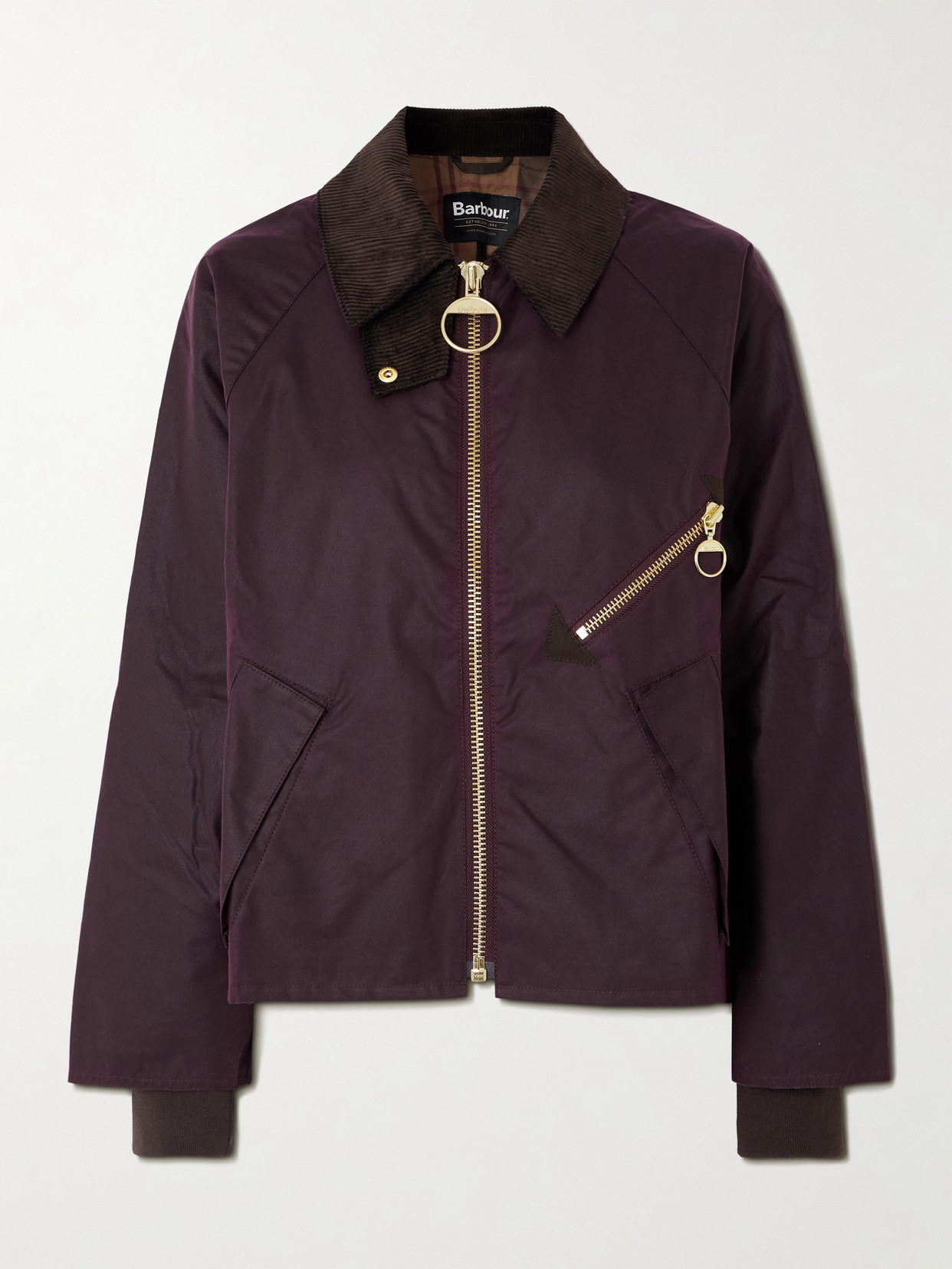 Barbour Arlene Corduroy-trimmed Waxed-cotton Jacket In Burgundy